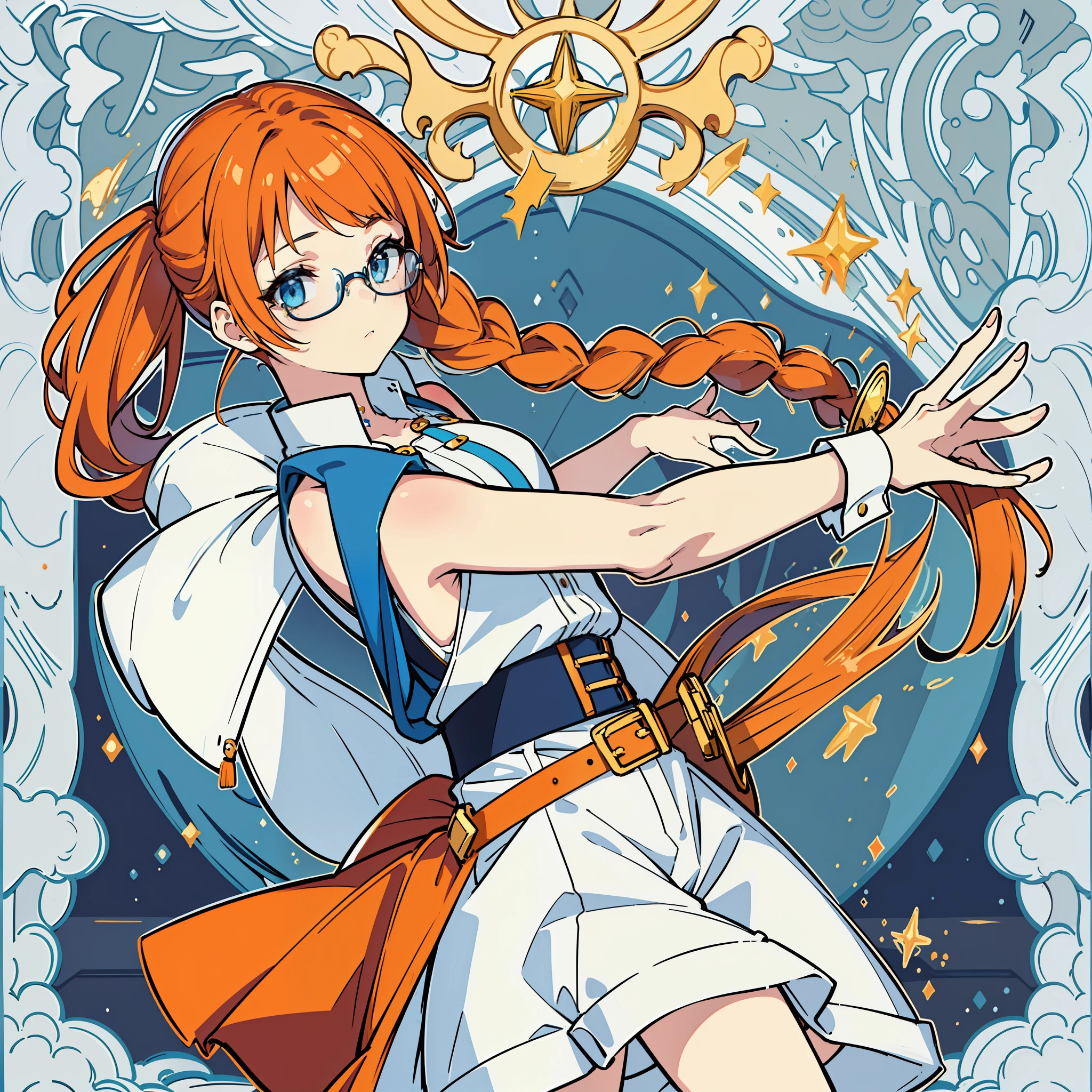 Masterpiece, best quality, high resolution, wears golden a golden hairpin, wears glasses and styles her hair into braids.blue sleeveless shirt with matching puffy blue arm cuffs, high-waisted white shorts that stop at her upper thigh, and a dark blue belt, long orange hair that has bangs swept to the right