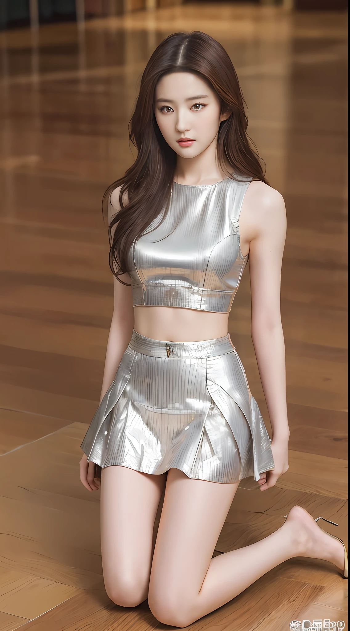 ((top quality, 8k, masterpiece: 1.3)), beauty, 1 girl, beautiful: 1.3, slender abs: 1.1, dark brown hair, (kneeling on the floor, legs open: 1.2), ultra detailed face, highly detailed lips, detailed eyes, double eyelids