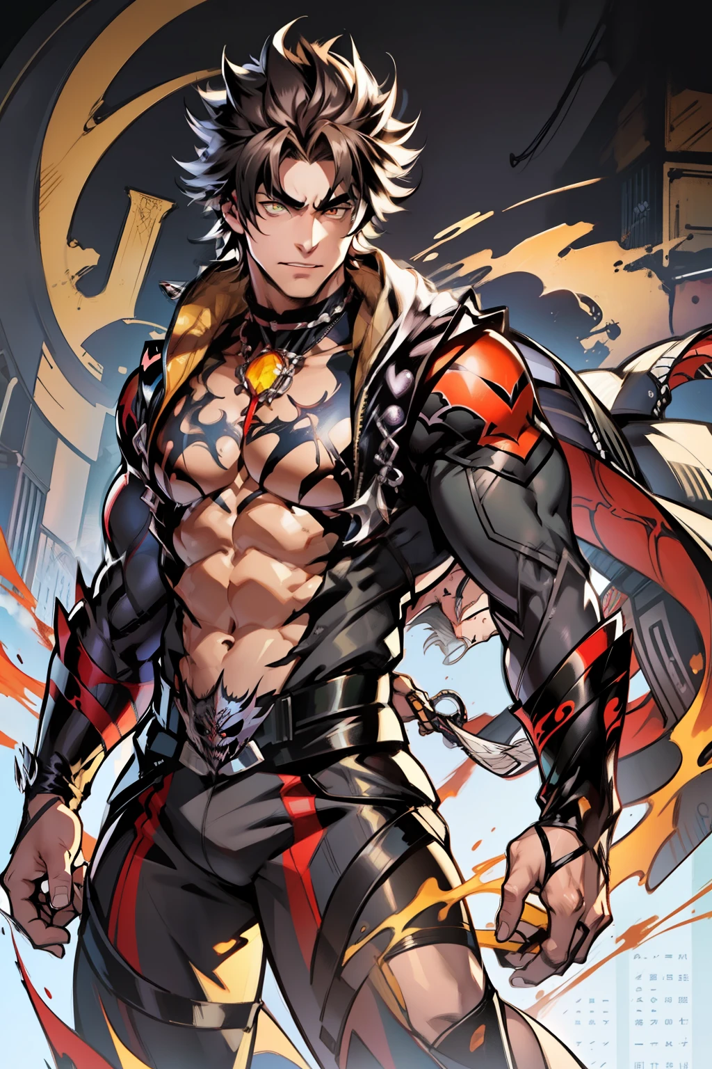 《the original god》Arataki Kazuto , male people,brunette color hair, chest muscle,(( Sexy )), Venom symbiote for your body, Black mucus of the body , into venom, (venomize),Black bodysuit,(Cloak),Red cape,Abs,(Adult male)((Venom possession,venom symbiote)),((Masterpiece)), ((Best quality)), Ultra detailed,((illustration)), Dynamic Angle, Detailed light, (Delicate eyes), Floating, 1boy, Male focus, Head, Clothing, Yellow eyes, necklace, tattoo, (Forehead:0.8), (ahoge:0.8), jewelry, brunette color hair,apathy,Ray, chest muscle, Sexy , Venom symbiote for your body, Black mucus of the body , (into venom), Venom,frontage,Bust photo,White tight-fitting top,spiderman outfit,style of anime4 K, 4K anime wallpaper, Badass anime 8 K, 4 k comic wallpaper, young anime man, Anime boys, Anime wallpapers 4 k, Anime wallpaper 4K, High quality anime art style, Anime moe art style, Anime art wallpaper 8 K, Anime art wallpaper 4 K, RGB lighting