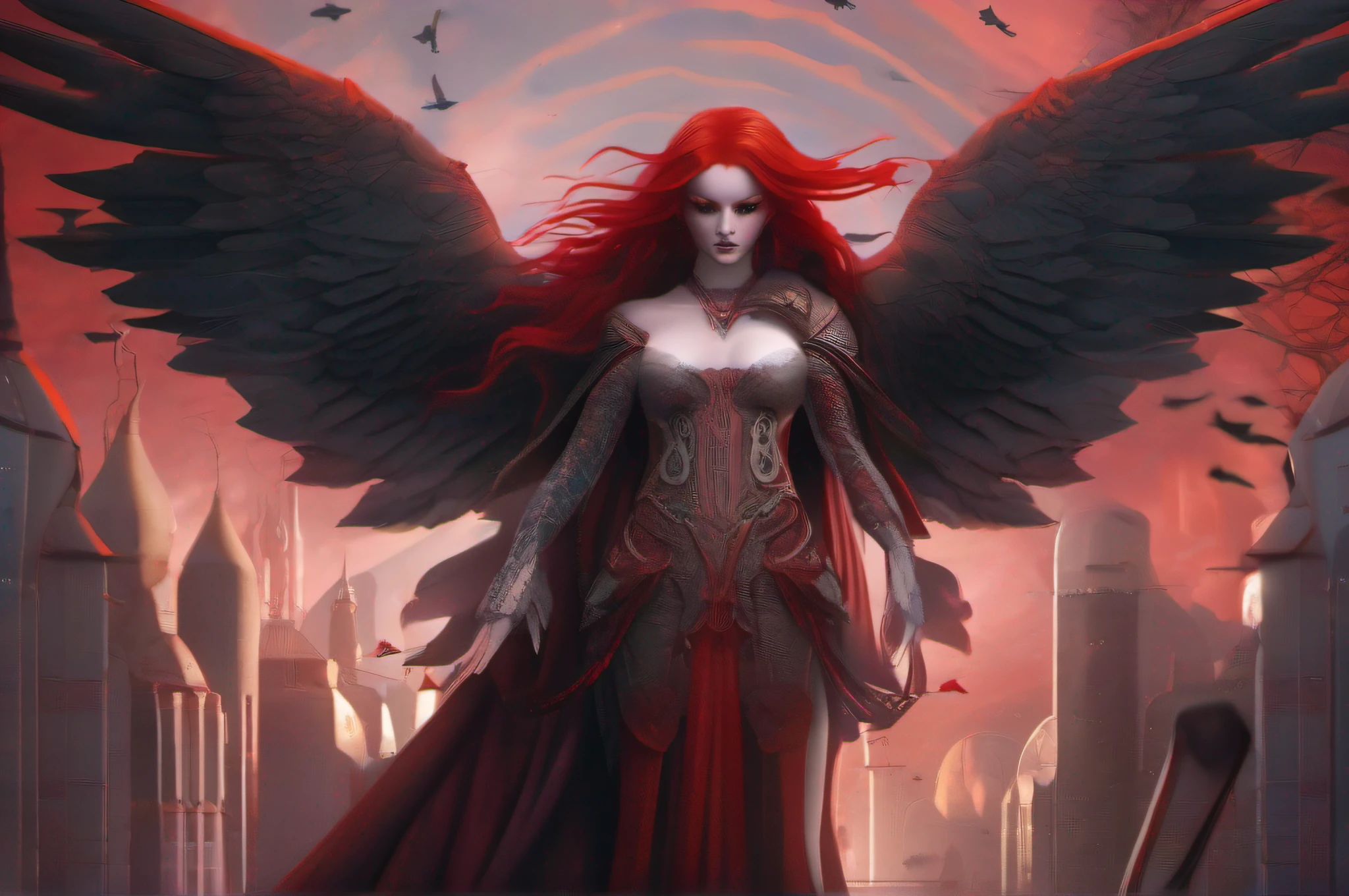 "Behold the crimson-metal red winged woman angel with white hair, piercing crimson eyes, and pale skin standing amidst the twilight. Every detail of this mythical creature has been captured in extreme quality, from the tattooed bodies to the ultra-detailed face, all rendered in ultra HD 8k digital art with unmatched precision and digitality. The dark lightning that surrounds this magnificent being adds to the sense of awe and wonder. This is not just any digital art portrait, but a concept art masterpiece by Greg Rutkowski, also known as artgerm, renowned for his hyperdetailed and intricately detailed gothic art style. The use of triadic colours adds to the fantastical and otherworldly nature of the piece, with intricate details that make it a true splash screen. The complementary colours and intricate details make this fantasy concept art a gothic