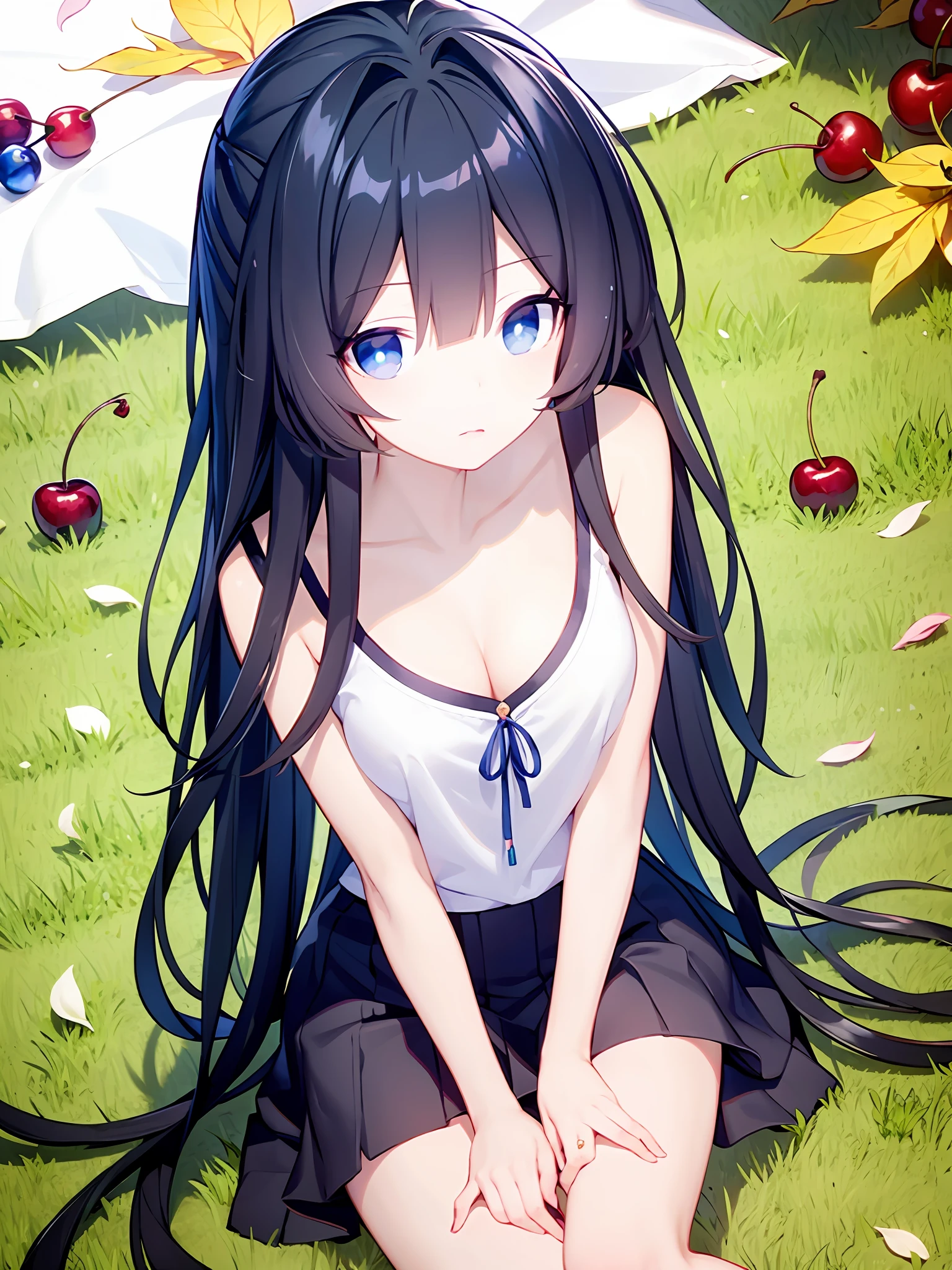 Anime girl, black hair, camellia, cherry blossoms, ball, long hair, lying, sitting, blue eyes, falling petals, flower, looking at viewer, outdoor, grass floor ,Medium-sized breasts, flat chest, short skirt, clothes, beautiful legs,,autumn, floor