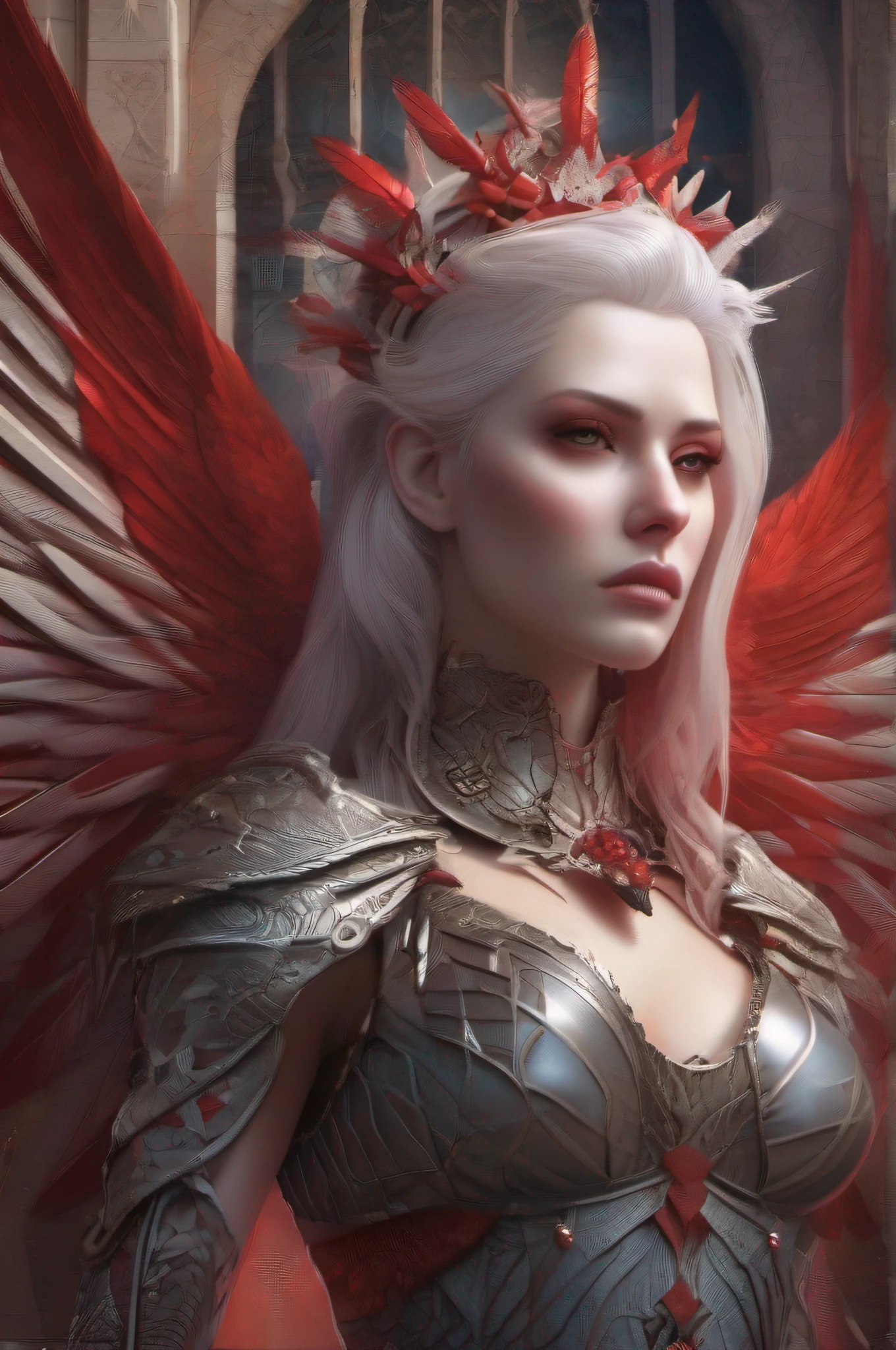 "Behold the crimson-metal red winged woman angel with white hair, piercing crimson eyes, and pale skin standing amidst the twilight. Every detail of this mythical creature has been captured in extreme quality, from the tattooed bodies to the ultra-detailed face, all rendered in ultra HD 8k digital art with unmatched precision and digitality. The dark lightning that surrounds this magnificent being adds to the sense of awe and wonder. This is not just any digital art portrait, but a concept art masterpiece by Greg Rutkowski, also known as artgerm, renowned for his hyperdetailed and intricately detailed gothic art style. The use of triadic colours adds to the fantastical and otherworldly nature of the piece, with intricate details that make it a true splash screen. The complementary colours and intricate details make this fantasy concept art a gothic