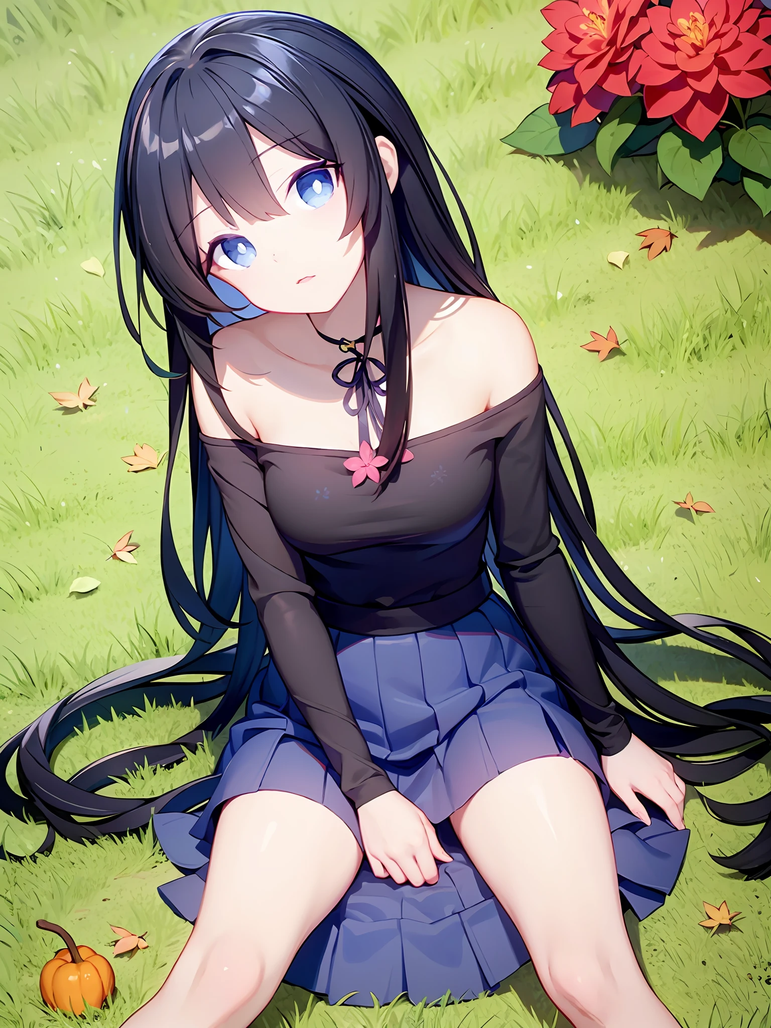 Anime girl, black hair, camellia, cherry blossoms, ball, long hair, lying, sitting, blue eyes, falling petals, flower, looking at viewer, outdoor, grass floor ,Medium-sized breasts, flat chest, short skirt, clothes, beautiful legs,,autumn, floor