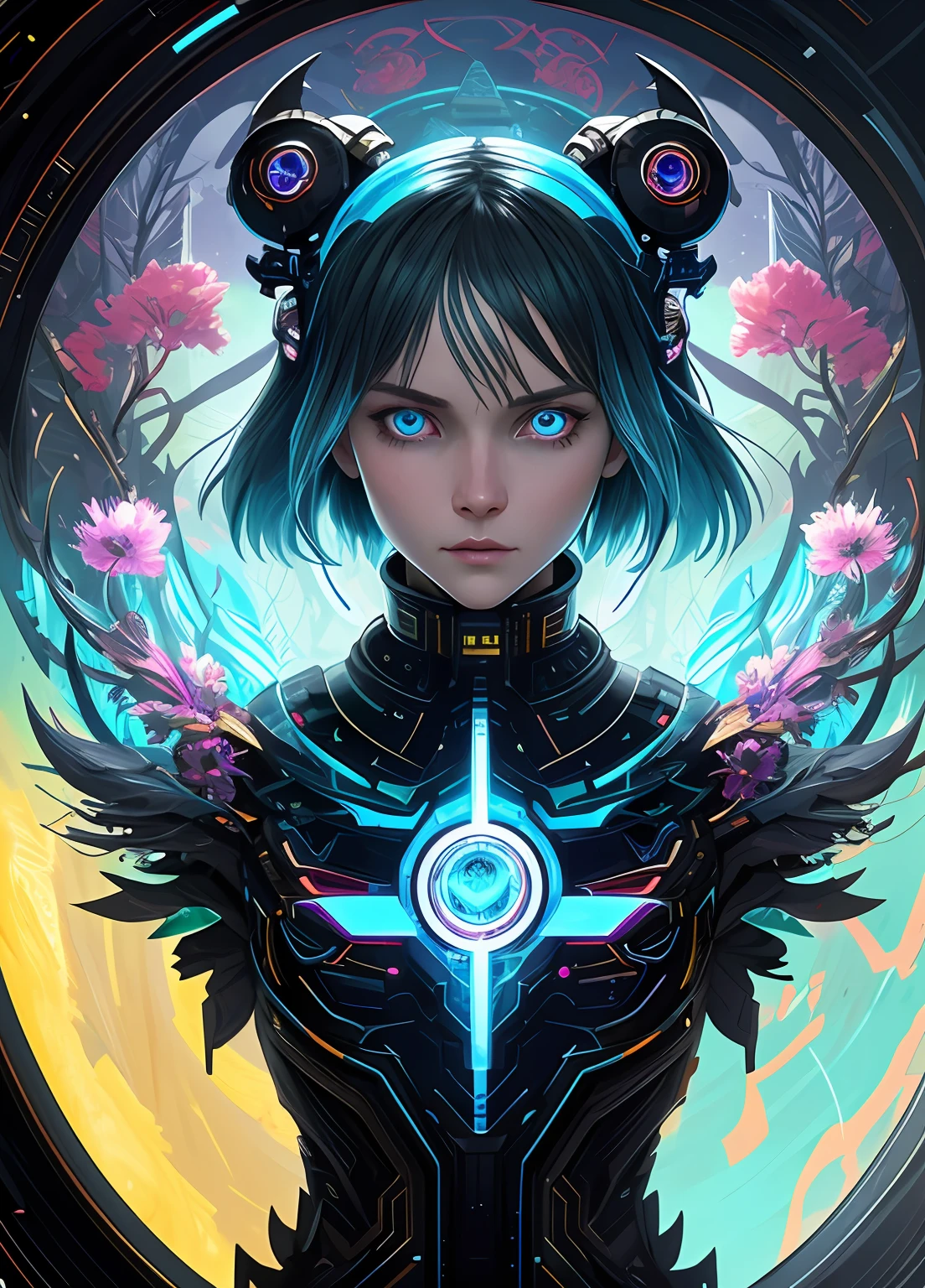 Cyborgdiffusion, Centered female anime character, oni mask, glitch art, glitchcore, organic, forest druid, dark soul boss, cyber punk, hellscape, portrait, male anime character, robot, masterpiece, intricate, highly detailed, sharp, tech rings, by james mccarthy, bright blue lush bioluminescent seascape, by beeple and johfra bosschart, combination in ayami kojima style,  highly detailed, painting, 3d render beeple, Unreal engine render, intricate abstract, intricate artwork, by Tooth Wu, Wlop, Beeple, Dan Mumford. concept art, octane rendering, trends in artstation, very coherent symmetrical artwork by Greg Rutkowski. cinematics, key art, hyperrealism, high detail, rendered octane, 8K, iridescent accents, Overlord albedo, the gem library, intricate abstract. Intricate art, by Tooth Wu, Wlop, Beeple, Dan Mumford. concept art, octane rendering, trends in artstation, very coherent symmetrical artwork by Greg Rutkowski. Cinematics, key art, hyperrealism, high detail, octane rendering, 8k, iridescent accents