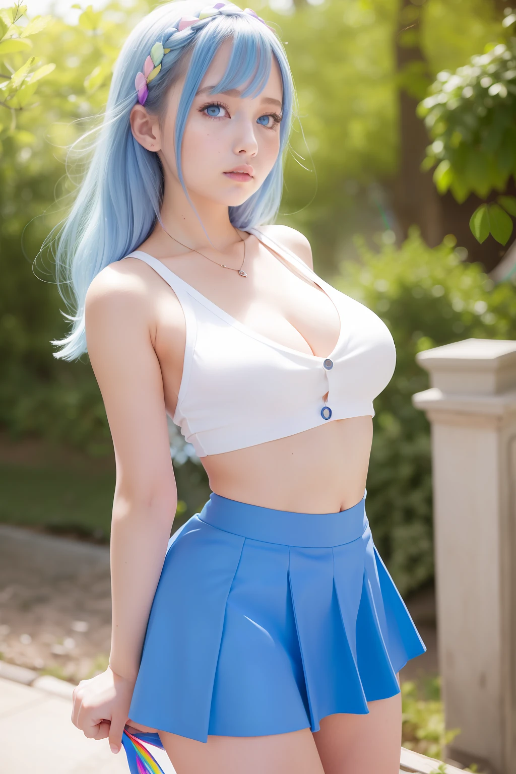 picking up on lap,mini white skirt swinging up, 40k, photography, masterpiece, best quality, school background, sfw, (1girl blue eyes rainbow hair), big ass full breasts until waiting wearing, (mini sexy swinging skirt round: 1.3), (white plunging open shirt: 1.3),old man leaning against the back picking her up,varied poses.