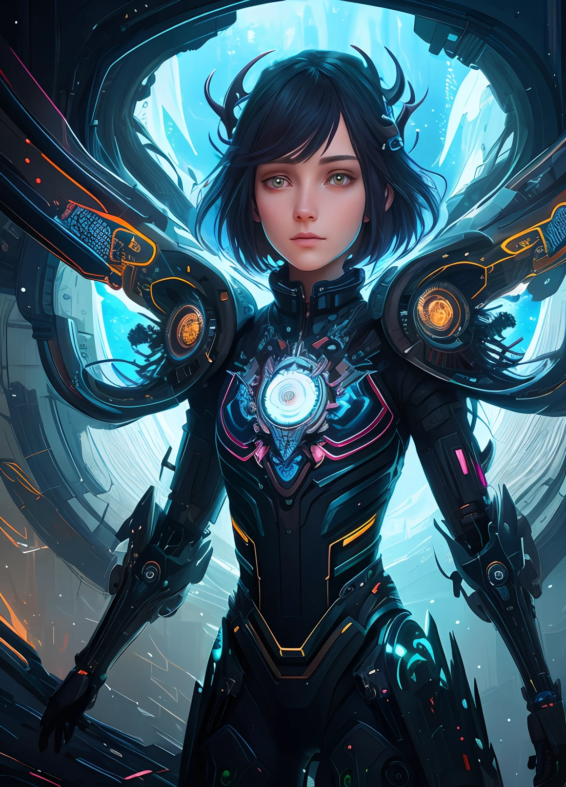 Cyborgdiffusion, Centered female anime character, oni mask, glitch art, glitchcore, organic, forest druid, dark soul boss, cyber punk, hellscape, portrait, male anime character, robot, masterpiece, intricate, highly detailed, sharp, tech rings, by james mccarthy, bright blue lush bioluminescent seascape, by beeple and johfra bosschart, combination in ayami kojima style,  highly detailed, painting, 3d render beeple, Unreal engine render, intricate abstract, intricate artwork, by Tooth Wu, Wlop, Beeple, Dan Mumford. concept art, octane rendering, trends in artstation, very coherent symmetrical artwork by Greg Rutkowski. cinematics, key art, hyperrealism, high detail, rendered octane, 8K, iridescent accents, Overlord albedo, the gem library, intricate abstract. Intricate art, by Tooth Wu, Wlop, Beeple, Dan Mumford. concept art, octane rendering, trends in artstation, very coherent symmetrical artwork by Greg Rutkowski. Cinematics, key art, hyperrealism, high detail, octane rendering, 8k, iridescent accents