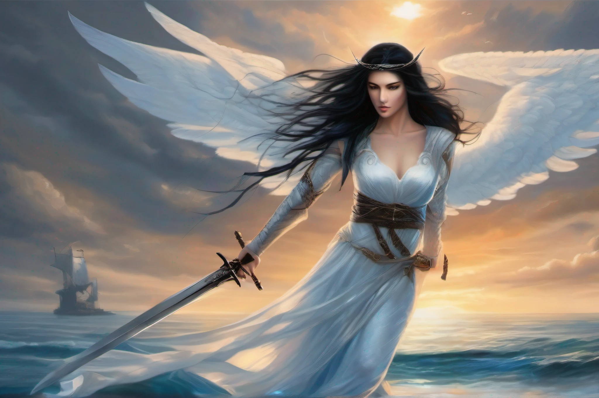 arch angel woman floating down in front of a vast ocean. she has just been in battle, holding a ninja like sword. she is only wearing white dress that has been torn from battle. blue eyes and black hair, skinny and beautiful. she has a halo that is glowing blue.