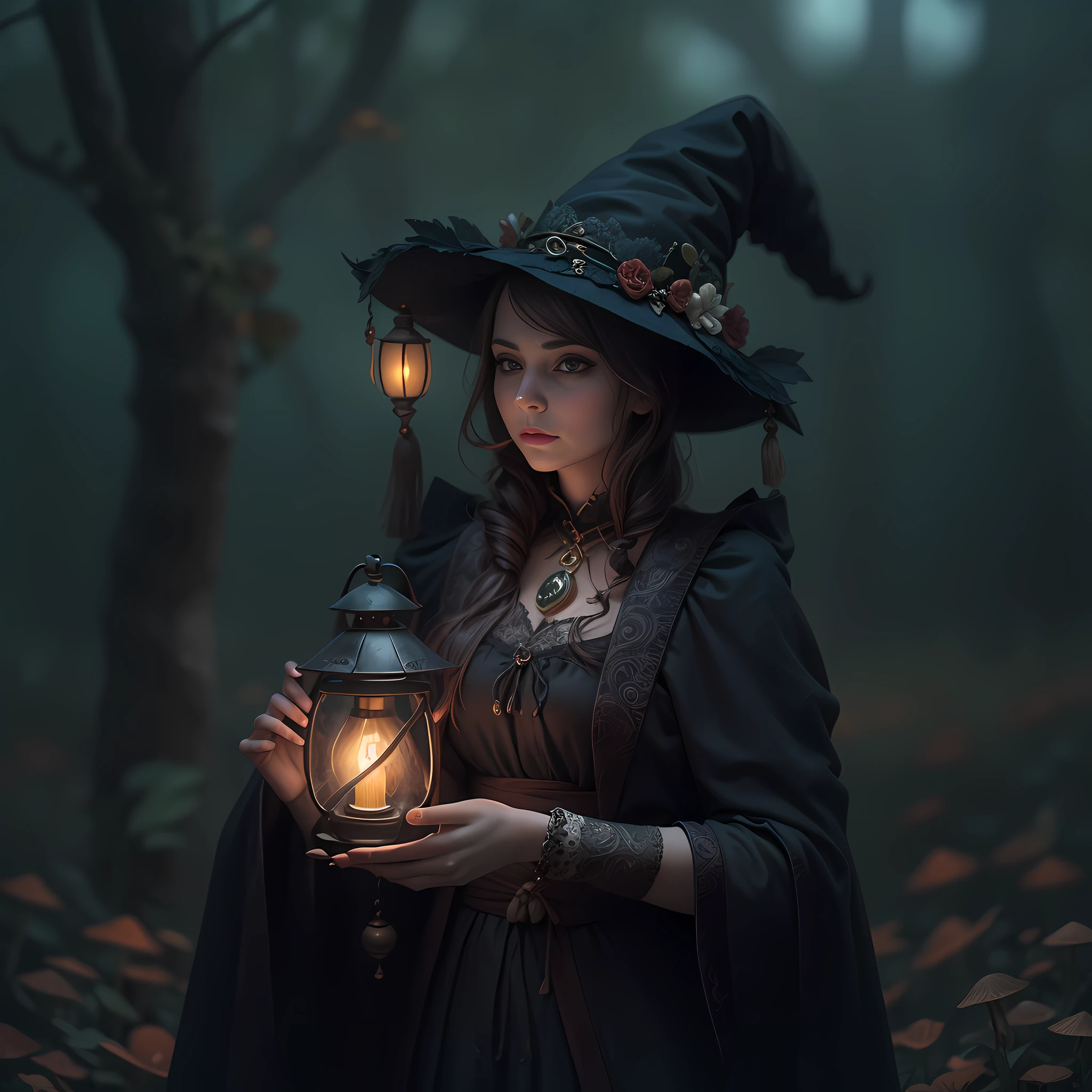 portrait shot of a one woman, with beautiful, realistic features, wearing a witch outfit, holding a magical-looking lantern with mushrooms on it, woman holding lantern, magical lantern.