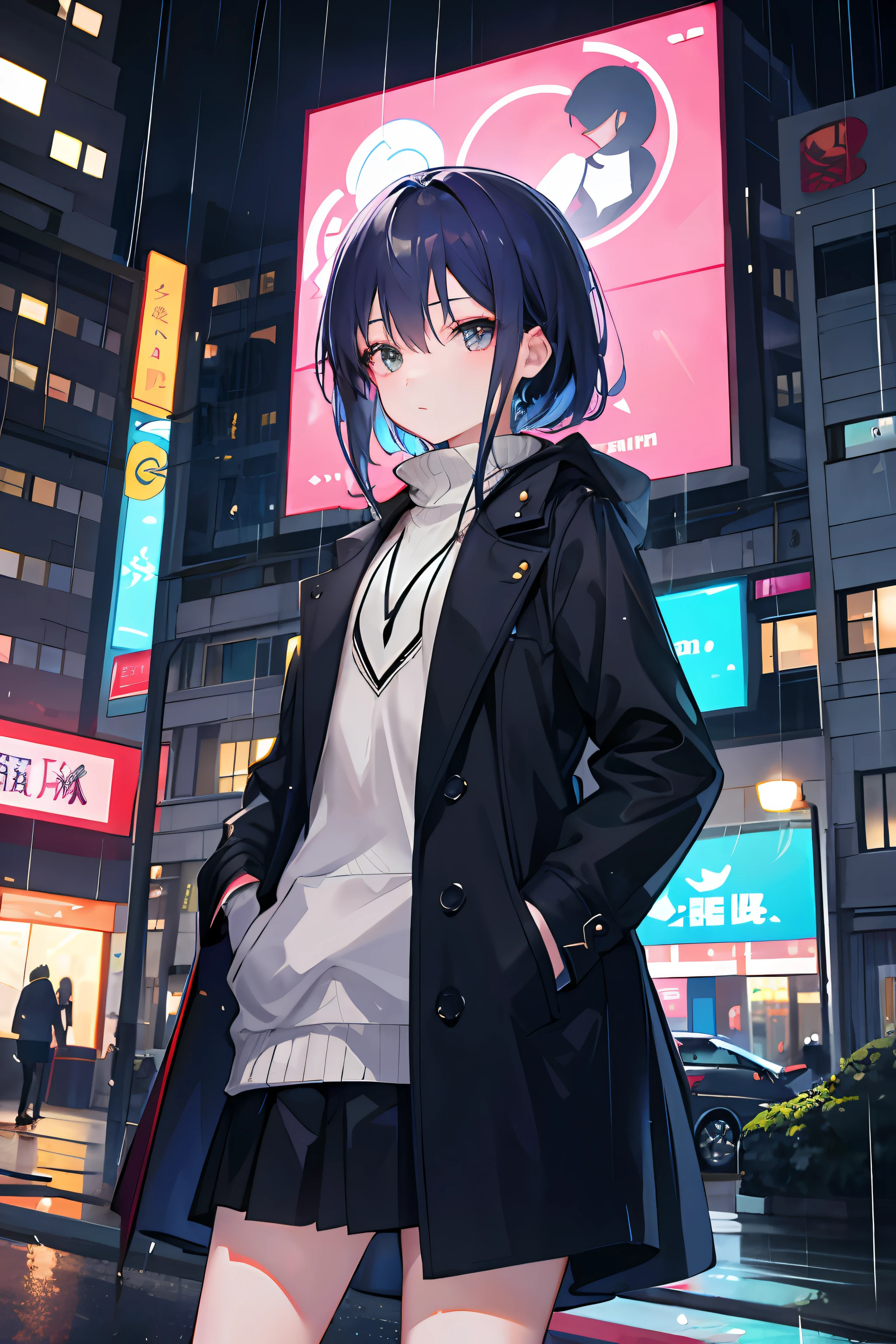 A girl,In the city at night,Wearing an overcoat in the rain,Put your hands in your pockets。