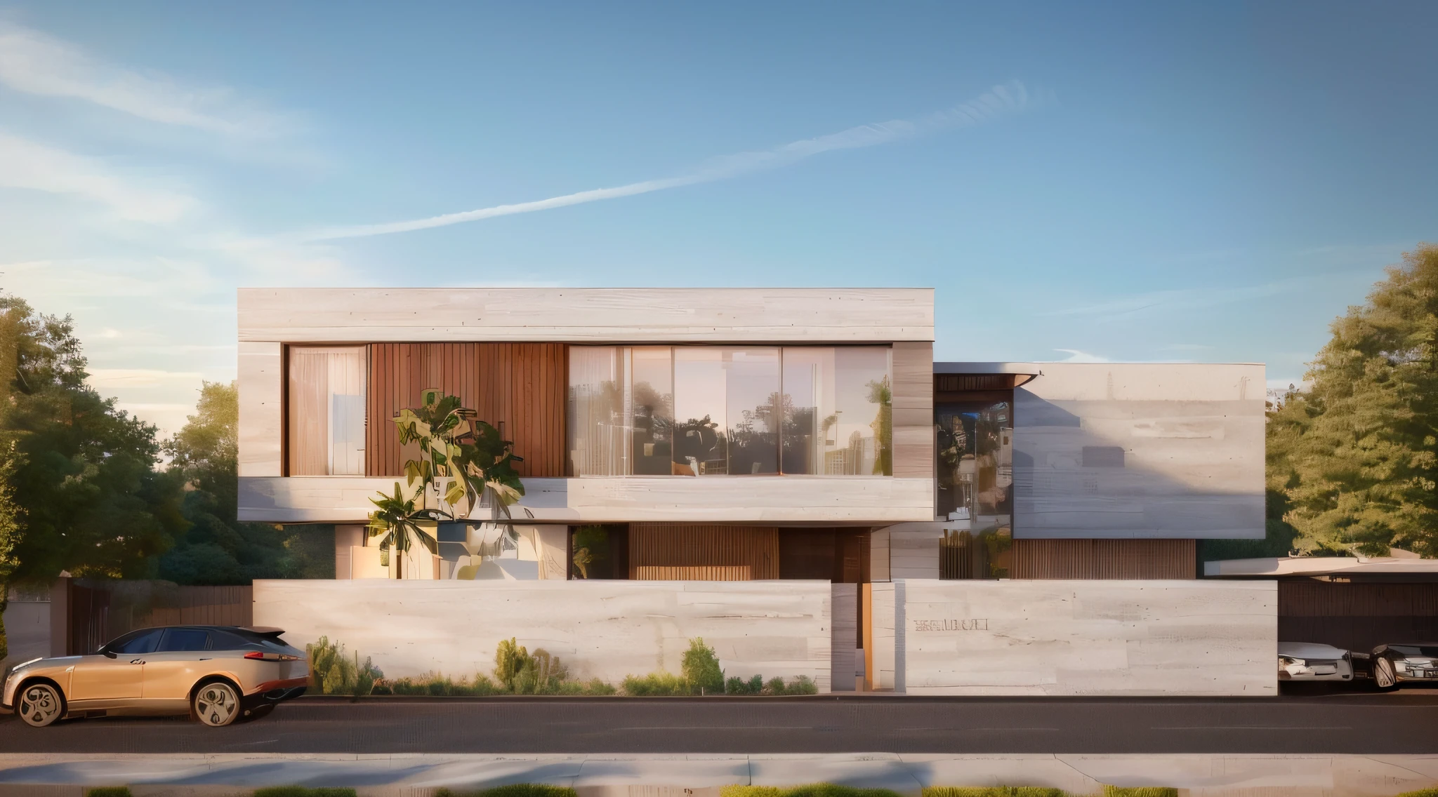 Beautiful casa Moderna, a rendering of a modern villa with big glass windows, very realistic 3d render, 3 d vray render , white concrete, facade elevation view, professional render, high quality render, Red plaster PRB texture, red marble PRB 16k textured, asphalt old road, interlock tile walkway, rec marble , Ray tracing, reflecting on glass,(translucent white glass),contemporary minimalist style