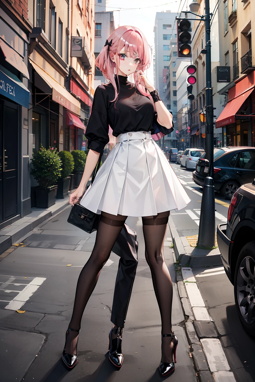 black lence stockings,Pink hair,Beautuful Women,Long legs,Need,white skirt,On the street,Real Human