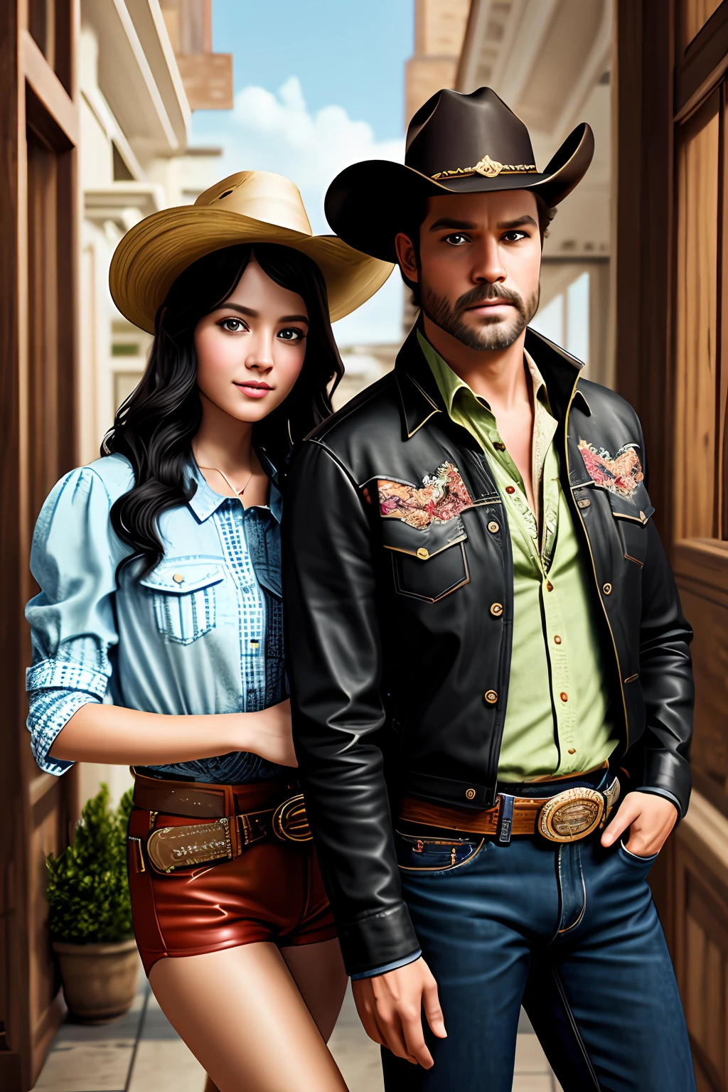 (illustration:1.1),(best quality),(masterpiece:1.1),(Extremely detailed CG unity 8k wallpaper:1.1), (colorful:0.9),(cowboy:1.1),(solo:1.2),sharp and clear focus, { 2girls standing }, looking to viewer, make happy expressions, soft smile, pure, beautyfull detailed face and eyes, beautefull fashion clothing department pattern details, black hair, black eyes,