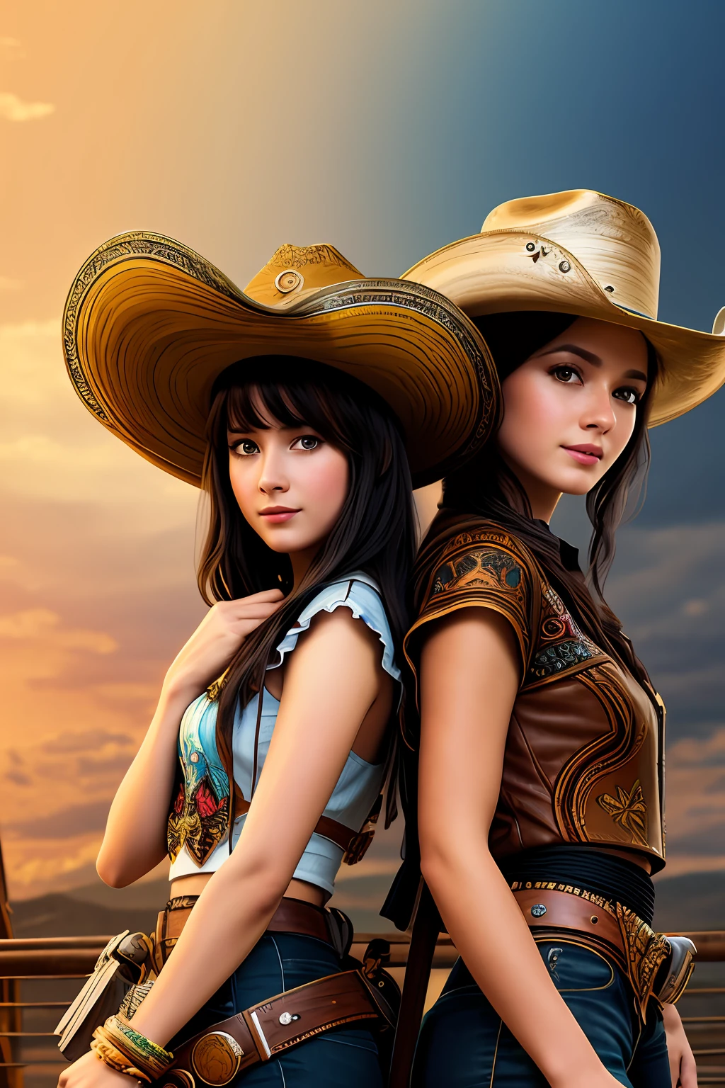 (illustration:1.1),(best quality),(masterpiece:1.1),(Extremely detailed CG unity 8k wallpaper:1.1), (colorful:0.9),(cowboy:1.1),(solo:1.2),sharp and clear focus， { 2girls standing }, looking to viewer, make happy expressions, soft smile, pure, beautyfull detailed face and eyes, beautefull fashion clothing department pattern details, black hair, black eyes,