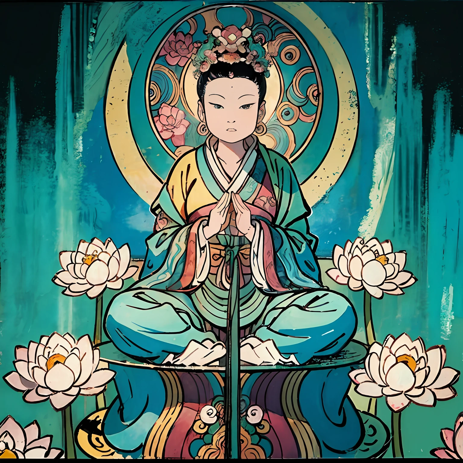 The Buddha statue sits on a lotus flower，guanyin of the southern seas，floating in a powerful zen state，powerful zen composition，pink zen style，Serene expression，Zen meditation，inspired by Itō Jakuchū，standing gracefully upon a lotus，Zen temple background。