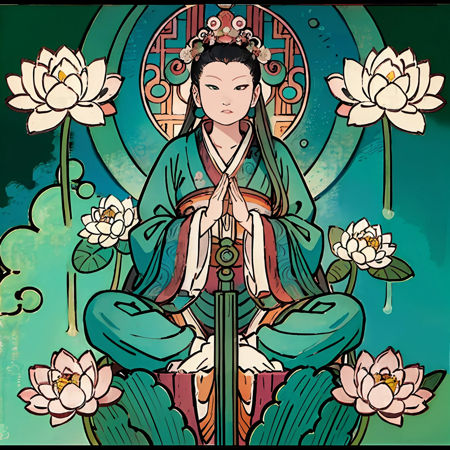 The Buddha statue sits on a lotus flower,guanyin of the southern seas,floating in a powerful zen state,powerful zen composition,pink zen style,Serene expression,Zen meditation,inspired by Itō Jakuchū,standing gracefully upon a lotus,Zen temple background。