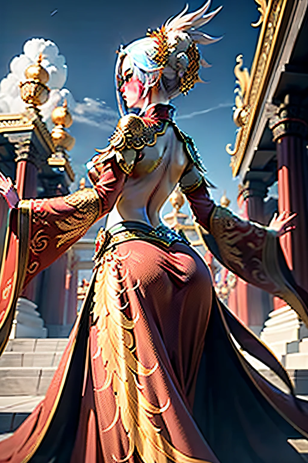 Female emperor，Red phoenix robe，Golden Dragon Crown，Beautiful back，mighty，magnifica，serious，Faraway view，Arms open，The skirt flutters，Grand palace，White jade steps，with blue sky and white clouds，Phoenix Fly