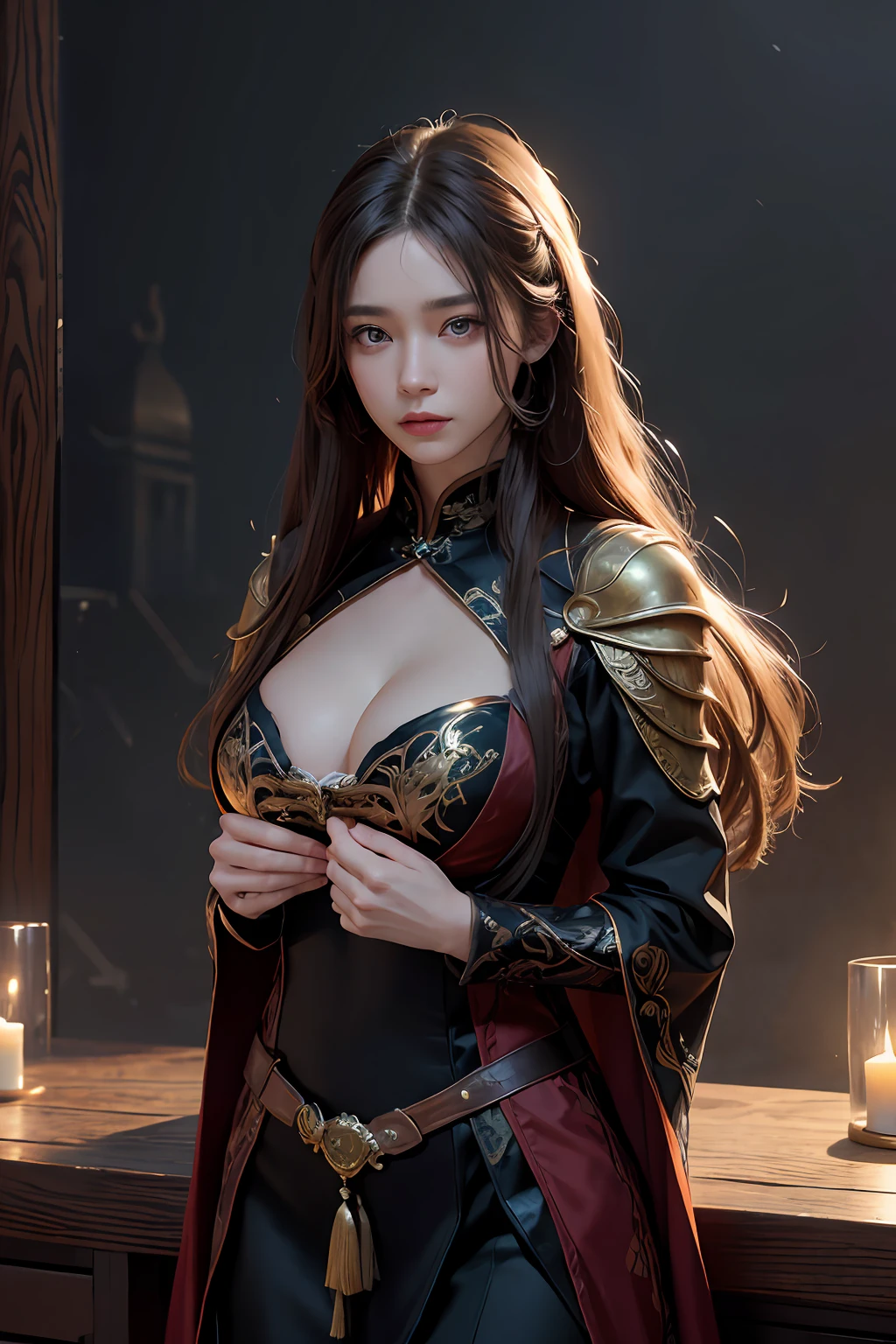 Surreal female portrait,Fantasyart,photographrealistic,动态照明,poster for,Volumetriclighting,Very detailed faces,4K,Award-Awarded,1个Giant Breast Girl,In the dark,deep shading,low tune,Cowboy photos,formal outfit:1.4,long whitr hair,whaite hair