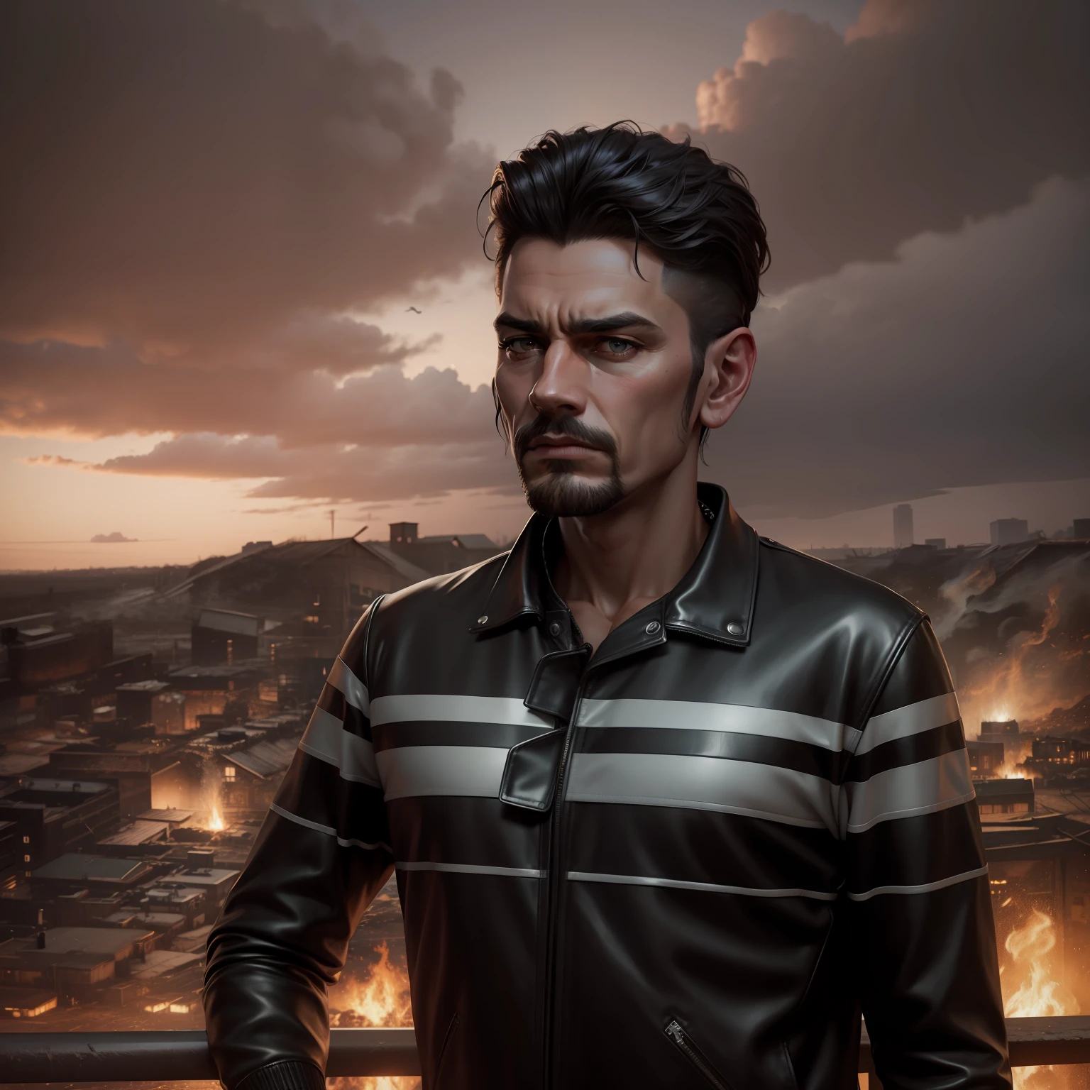 Gangster look, leather black jacket, dark warehouse in background, 8k realistic image, realistic image