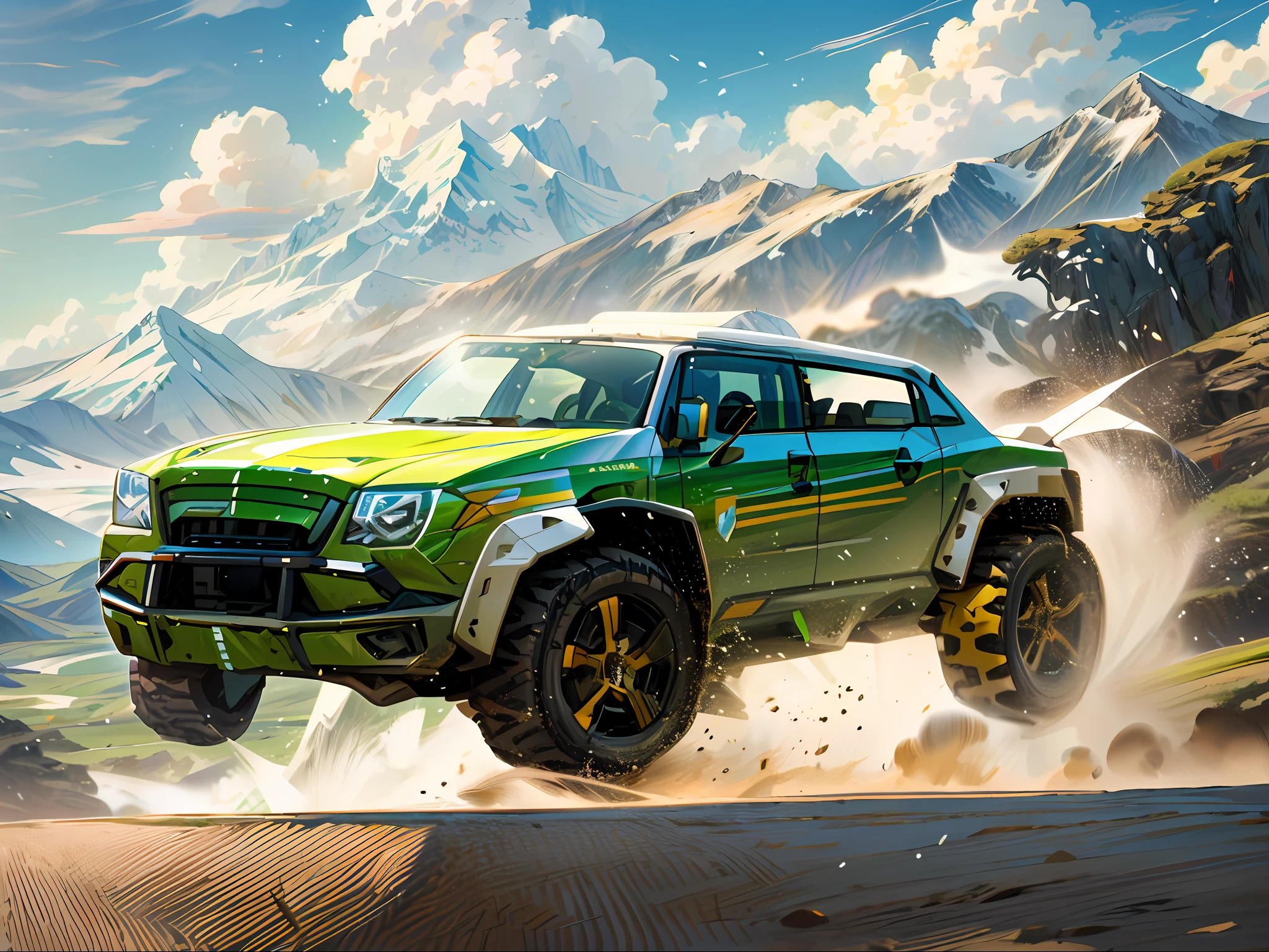 On the open grassland, an off-road vehicle and a wild horse running wildly, there are snow mountains in the distance, green grassland, blue sky, and white clouds, --v 6