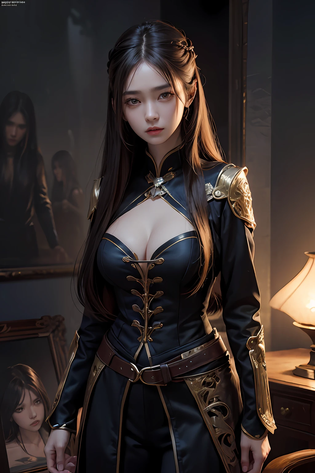Surreal female portrait，Fantasyart，photographrealistic，动态照明，poster for，Volumetriclighting，Very detailed faces，4K，Award-Awarded，1个Giant Breast Girl，In the dark，deep shading，low tune，Cowboy photos，formal outfit:1.4，long whitr hair，whaite hair