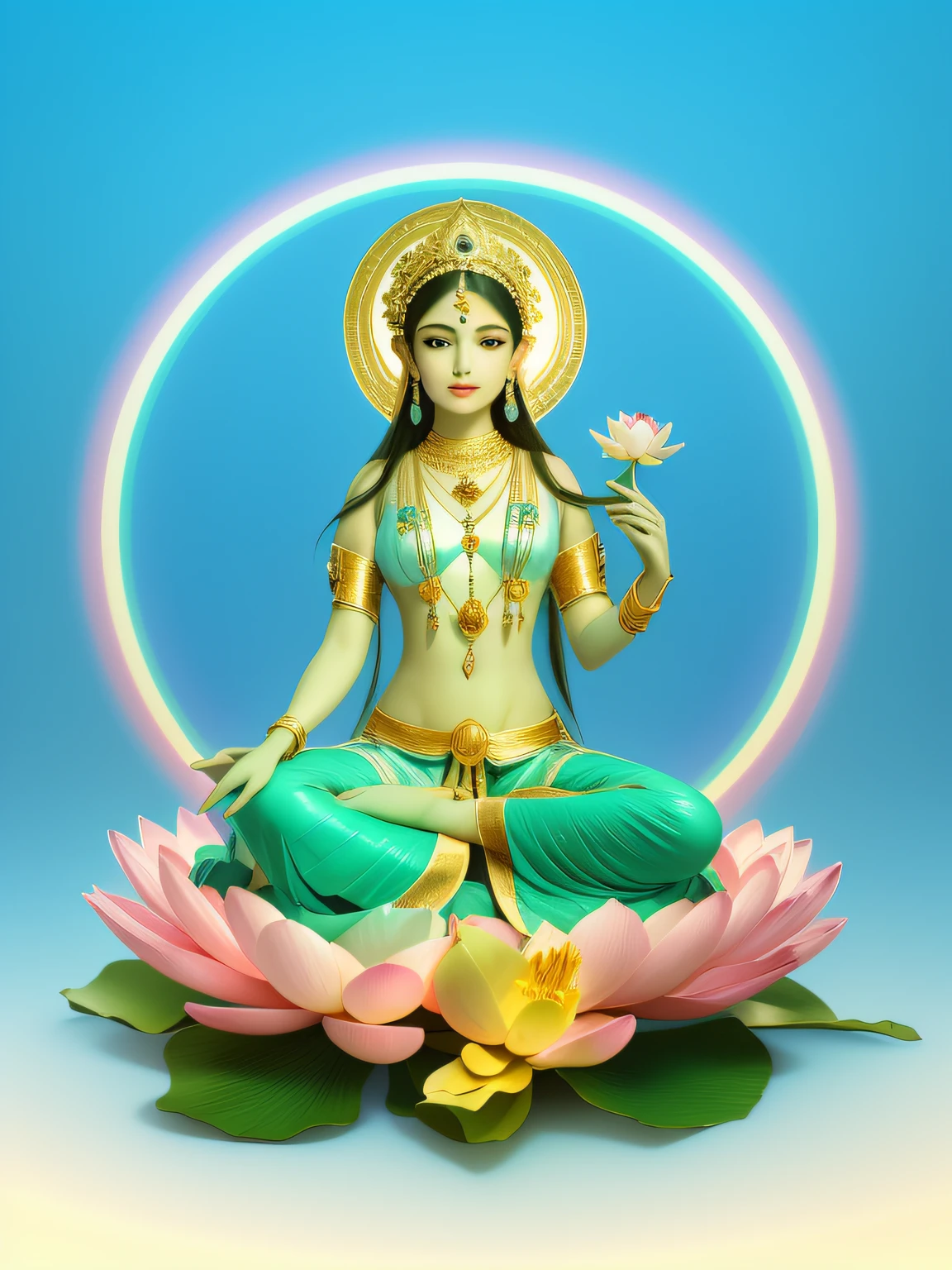 In the void, There is a beautiful virgin sitting leisurely in the lotus，Five-color sky，Perfect body posture，Delicate and radiant skin，(((White clothes)))，(((Gold skirt)))，(((White pants)))，Barefoot，（Long curved eyebrows），Beautiful eyes sparkle，The large, Jewel-like eyes sparkle，Clear pupils have reflected light，二重まぶた，Lying silkworm，looks into camera，（（Plump and rosy lips）） Clearly visible，（（Flushed cheeks）），The mandible is plump，Green skin is delicate and smooth，Delicate skin translucent，A delicate and dexterous crown，inlaid gemstones，Delicate and skillfully set gemstones，Perfectly designed jewelry is exquisite，Beautiful eyes looking directly at the camera，（（Pinch the stem of the lotus flower with one hand）），(((nice hand)))，（（（（Good feet））），（（（good legs））），medium boob，（（Correct body structure）），Golden costume，decorated in white，Blue sky，Head background with round light，Behind him is a colorful rainbow circle，Color glow is turned on，Front lighting，Positive light，No shadows on the face，There are no shadows on the body，Blue sky，Unreal space，ethereal world，dreamworld，with blue sky and white clouds，Extremely fine，perfect pubic，tmasterpiece，4K，ultra-definition，of a real，Realistic，professional photoshooting，Standard lens shooting，