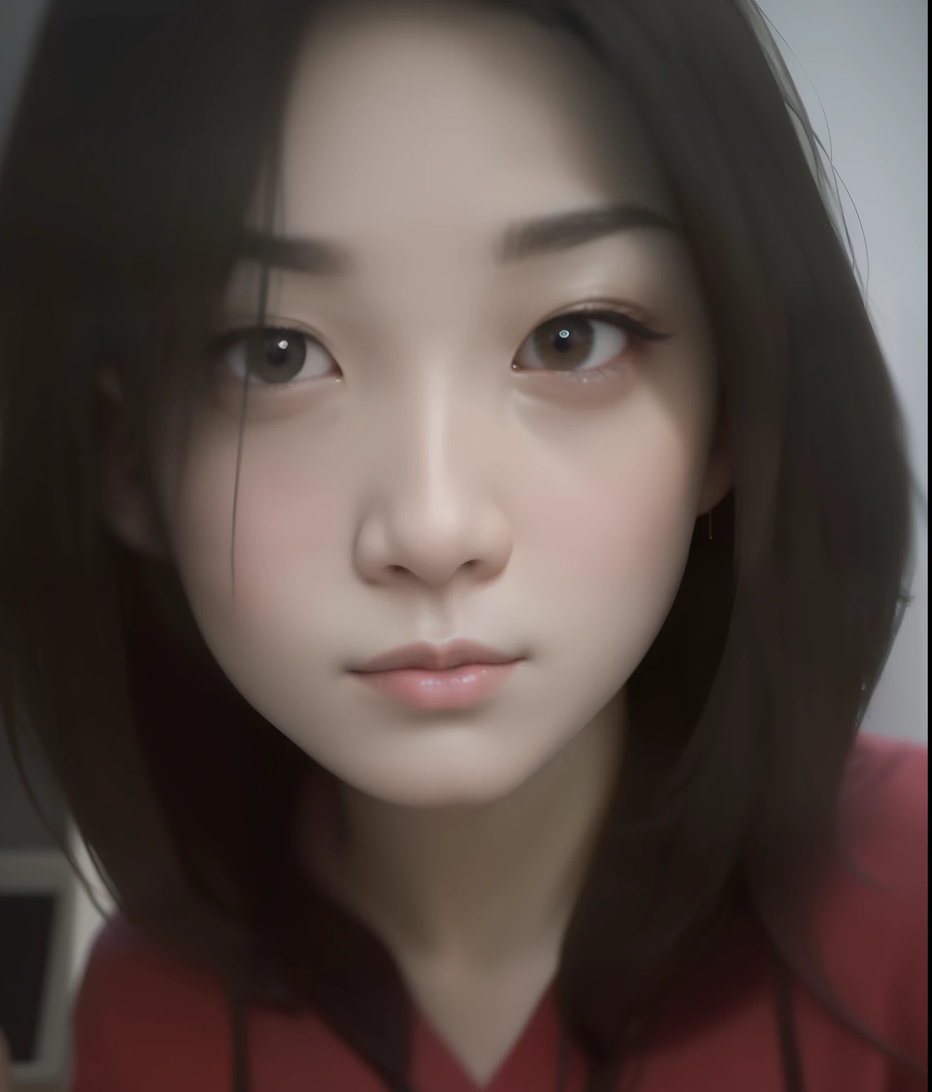 There was a woman wearing a red shirt and black hair, young cute wan asian face, south east asian with round face, Ruan cute vtuber, wan adorable korean face, young lovely Korean faces, Anime Thai girl, 18 years old, 19-year-old girl, girl cute-fine face, with cute - fine - face