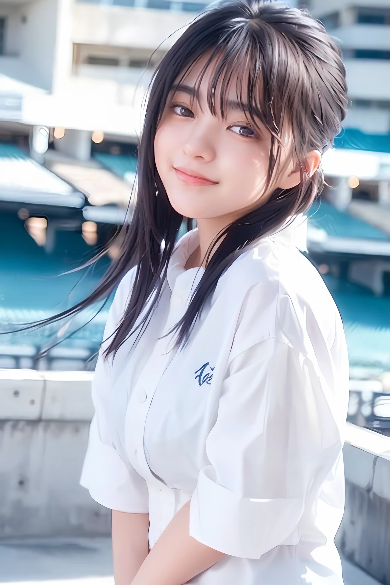 1 girl, 16yo, solo, sailor suit, brass band, black eye, realistic, high res, blush, extremely detailed face, (medium hair), (medium breast), floating hair, smile, open_mouth, full body, (dynamic pose:1.2), top angle view, (daytime), ((looking at the viewer:1)), (looking at the camera), (portrait:0.6), gorgeous, standing, keep original facial proportion, brown hair, lips, lipstick, seductive smile, teeth, eyelashes, photorealistic, lens flare, soft lighting, cowboy shot, best quality, masterpiece, 8k, baseball Ground