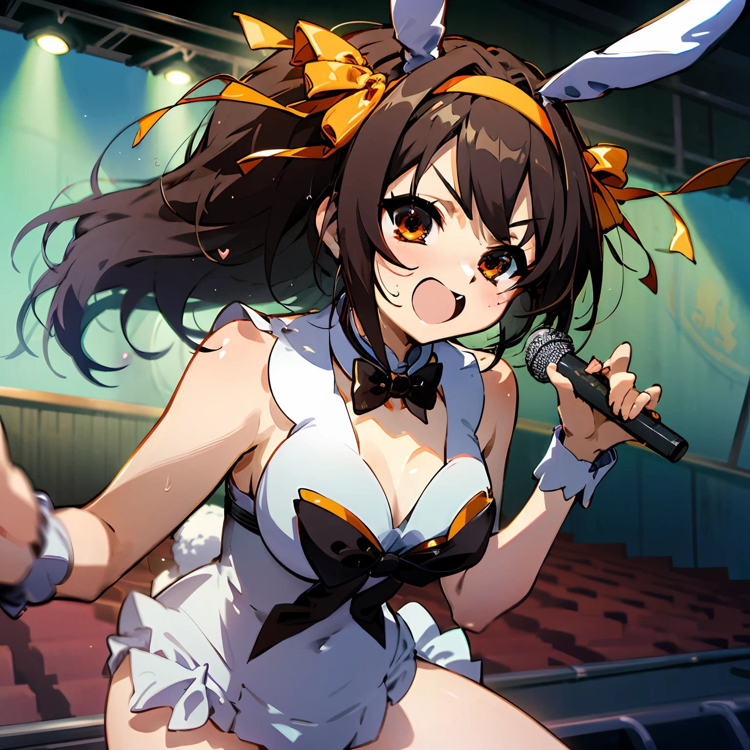 As the high school festival's main event approached, the anticipation in the air was palpable. The students were excited to see the SOS Brigade's performance, but they had no idea what Haruhi had planned.

As the lights dimmed, the stage was set with an air of mystery. The crowd hushed as the curtains slowly rose, revealing a scene that no one expected. There stood Suzumiya Haruhi, resplendent in a dazzling bunny suit, her two ponytails bouncing with excitement.

Haruhi's appearance was nothing short of astonishing. The bunny suit hugged her figure perfectly, accentuating her youthful charm and exuberance. The playful yet alluring outfit added a touch of enchantment to her already captivating presence.

With a coy grin and a twinkle in her eyes, Haruhi took a deep breath and launched into her performance. The first notes of "God Knows" filled the auditorium, and the audience was immediately enthralled.

Her voice was a revelation, powerful and full of raw emotion. She poured her heart into each word, captivating the crowd with the intensity of her passion. Her energy was infectious, and the audience couldn't help but be drawn into her mesmerizing performance.

As Haruhi danced and swayed to the rhythm, the bunny suit seemed to come to life, adding a playful charm to her every move. Her captivating presence on stage made it impossible to look away.

Throughout the song, Haruhi's eyes shone with a fiery determination, as if she was declaring her love for life itself. Her performance became a symbol of embracing the moment and making the most of every opportunity.

As the song reached its climax, the audience was enraptured. Cheers and applause erupted, filling the auditorium with thunderous praise for Haruhi's unforgettable performance. She took a bow with a radiant smile, basking in the adoration of the crowd.

In that moment, Suzumiya Haruhi had once again proved her ability to seize the spotlight and create a magical experience for all who witnessed it.