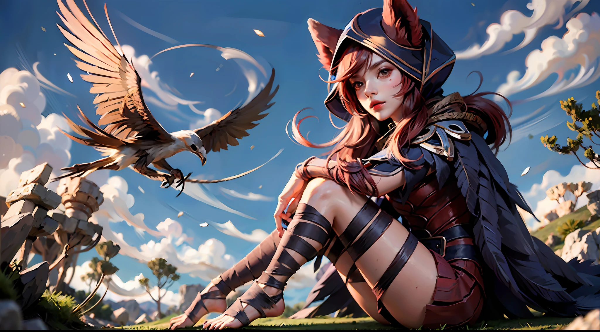 grass, sky, field, league of legends, 1girl, animal ears, bandage legs, long legs, bandage, bandage, bird's legs, bird skull, cape, shut up, ears through headdress, eyes visible through hair, facial markings, feathers, hood, hooded cape, long hair, yellow eyes, red hair, armour, blue shawl, shawl, shawl, shawl, shawl long hair, hooded shawl, red dress, dress, nose ring, nostrils