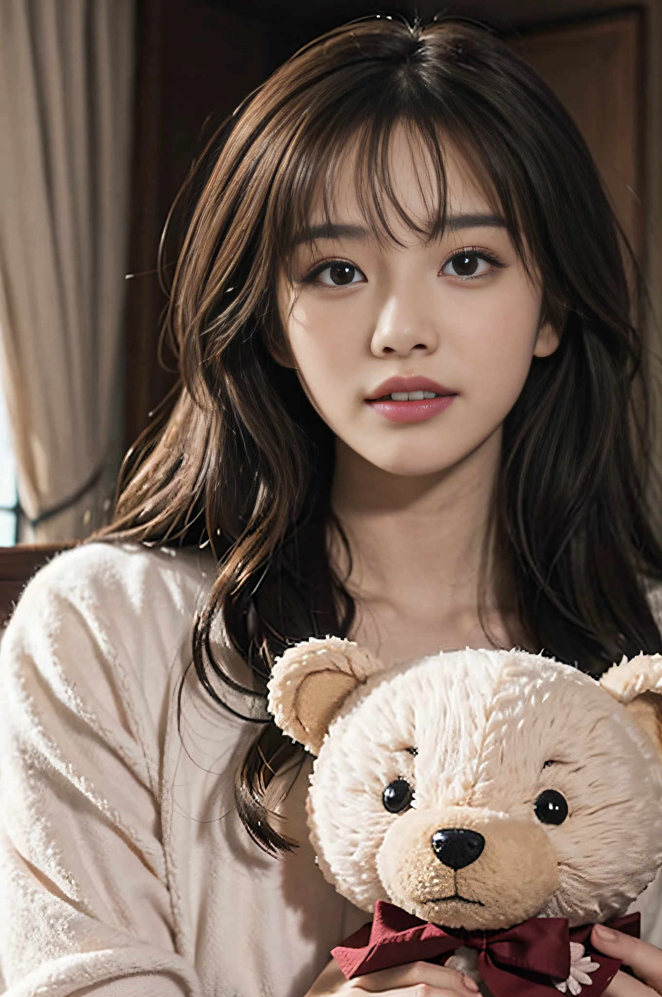 1girl walking on the river, mix4, Sweaters, pillow head, Lips, Open_Mouth, Realistic, Photo_\(mediating\), Solo, stuffed_Animal, stuffed_toys, teddy_bear,(Masterpiece),(Fidelity:1.3),ultra - detailed,(Highly detailed skin:1.2),(best qualtiy:1.0),(超高分辨率:1.0),(Ulzzang-6500:0.3),Wavy detail hair,long whitr hair,rays of sunshine,(Beautiful detailed makeup),(Sexually aroused blush,rough breath:1.0 ), Flower theme flower petals scattered, (Soft light blooms:0.5),Holding the bear cub