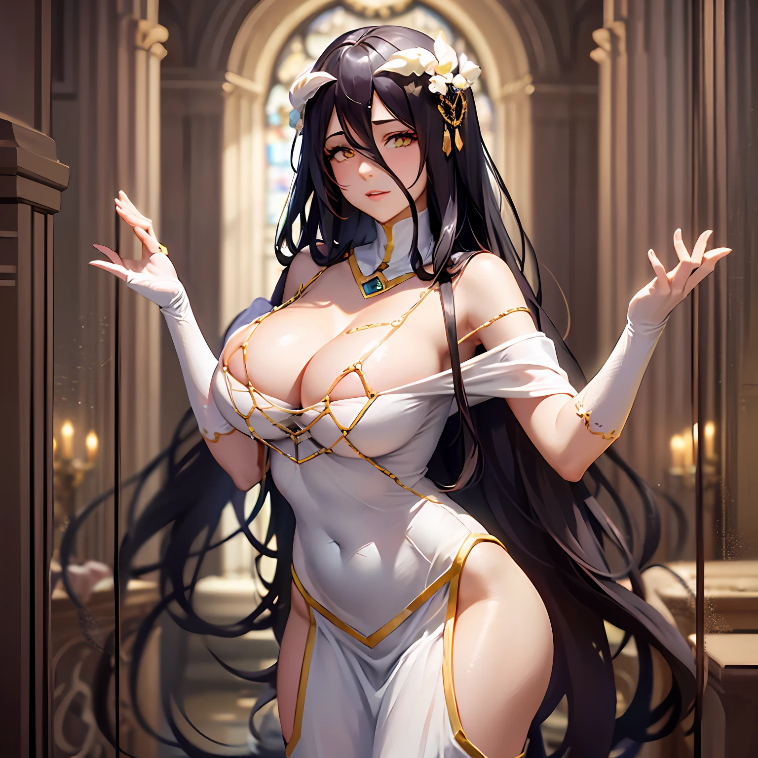Albedo, the Overseer of the Floor Guardians in the anime and light novel series "Overlord," is a character of captivating beauty and enigmatic allure. From the moment she steps into a room, her presence commands attention, leaving those who encounter her spellbound by her ethereal charm.
Her appearance is a symphony of elegance and allure, meticulously designed to captivate the hearts of those around her. With long, flowing black hair that cascades down her back like a waterfall of obsidian silk, Albedo's beauty is undeniable. Her hairstyle is immaculately styled, showcasing her meticulous attention to detail and adding an air of sophistication to her mysterious aura.
Albedo's eyes are the windows to her enigmatic soul. A deep shade of crimson, they hold an intensity that seems to pierce through the very depths of one's being. They glimmer with intelligence and depth, hinting at the secrets she harbors beneath her composed exterior.
Her face is a vision of perfection, with elegant and sharp features that exude both grace and authority. The curve of her lips, when they grace her porcelain-like complexion with a smile, is a captivating sight to behold. But behind her smile lies a layer of intrigue, leaving others to wonder about the thoughts she keeps hidden.
Her attire is a stunning testament to her regal status and unique sense of style. Adorned in an exquisite white dress with intricate golden embroidery, Albedo's appearance is nothing short of breathtaking. The dress hugs her figure, accentuating her alluring curves and adding to her aura of otherworldly elegance.
Around her neck, Albedo wears a choker with a red jewel, symbolizing her absolute loyalty and devotion to her creator, Ainz Ooal Gown. Her long, slender fingers are adorned with delicate golden rings, a testament to her elegance and meticulous attention to detail.