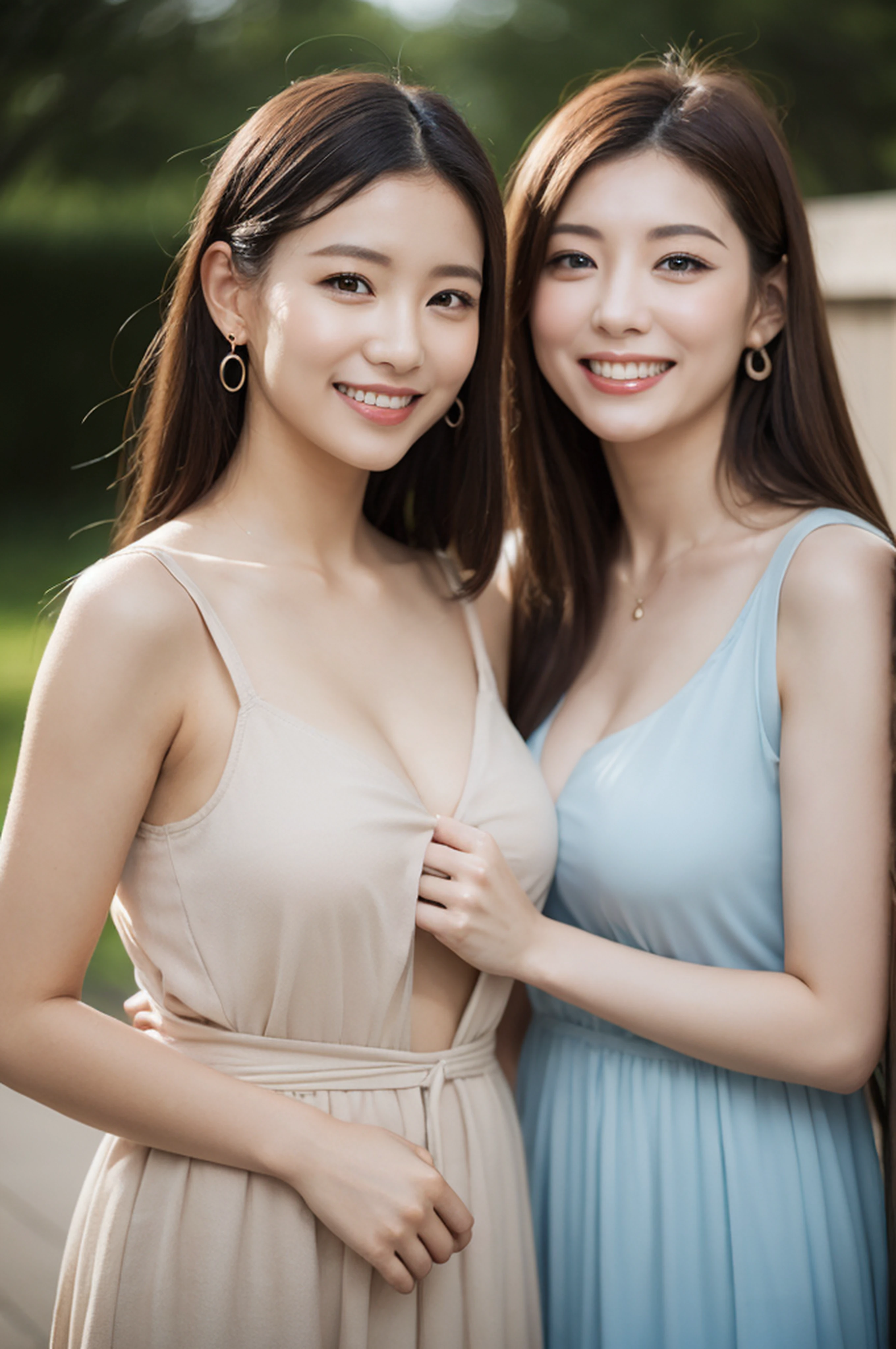 (top-quality、8K、32K、masterpiece、nffsw:1.2)、1 girl in、beautfull Japanease woman、Fancy makeup、thin-waist、Beautiful Women in Perfect Style:1.4、Colossal tits:1.3、finerly detailed face、A smile、tube dress、breastsout、 (raise both arm)、full bodyesbian