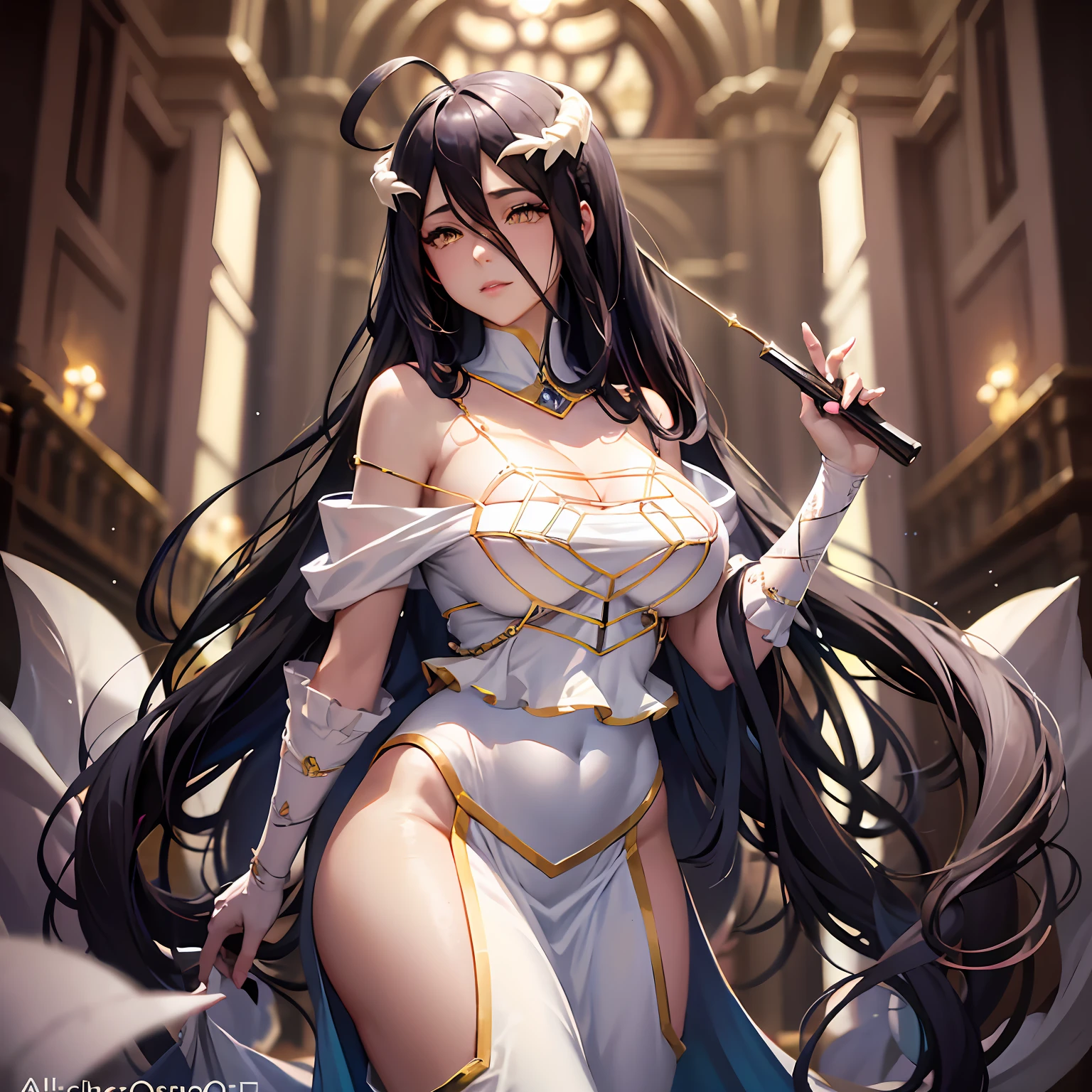 Albedo, the Overseer of the Floor Guardians in the anime and light novel series "Overlord," is a character of captivating beauty and enigmatic allure. From the moment she steps into a room, her presence commands attention, leaving those who encounter her spellbound by her ethereal charm.

Her appearance is a symphony of elegance and allure, meticulously designed to captivate the hearts of those around her. With long, flowing black hair that cascades down her back like a waterfall of obsidian silk, Albedo's beauty is undeniable. Her hairstyle is immaculately styled, showcasing her meticulous attention to detail and adding an air of sophistication to her mysterious aura.

Albedo's eyes are the windows to her enigmatic soul. A deep shade of crimson, they hold an intensity that seems to pierce through the very depths of one's being. They glimmer with intelligence and depth, hinting at the secrets she harbors beneath her composed exterior.

Her face is a vision of perfection, with elegant and sharp features that exude both grace and authority. The curve of her lips, when they grace her porcelain-like complexion with a smile, is a captivating sight to behold. But behind her smile lies a layer of intrigue, leaving others to wonder about the thoughts she keeps hidden.

Her attire is a stunning testament to her regal status and unique sense of style. Adorned in an exquisite white dress with intricate golden embroidery, Albedo's appearance is nothing short of breathtaking. The dress hugs her figure, accentuating her alluring curves and adding to her aura of otherworldly elegance.

Around her neck, Albedo wears a choker with a red jewel, symbolizing her absolute loyalty and devotion to her creator, Ainz Ooal Gown. Her long, slender fingers are adorned with delicate golden rings, a testament to her elegance and meticulous attention to detail.