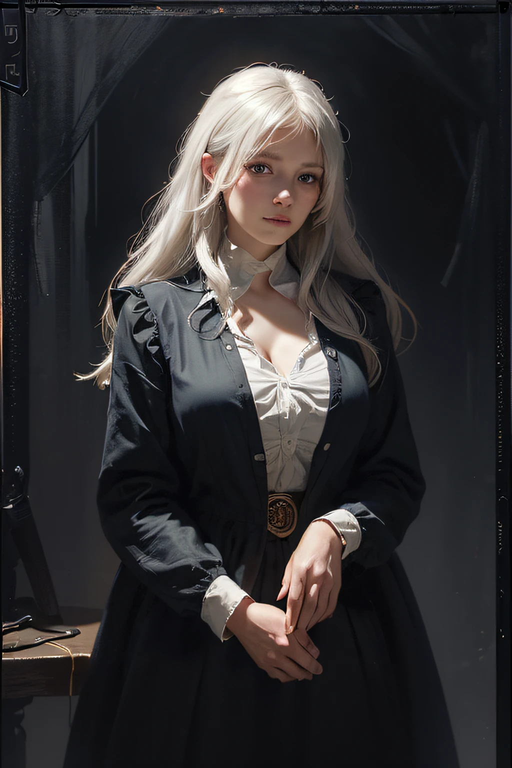 (front focus),(in the dark:1.6), Hyperrealist portrait of female by david hockney and alphonse mucha,fantasy art, photo realistic, dynamic lighting, artstation, poster, volumetric lighting, very detailed faces, 4 k, award winning,, 1girl, in the dark, deep shadow, low key,cowboy shot,(official clothing:1.4) ,long hair,white hair,