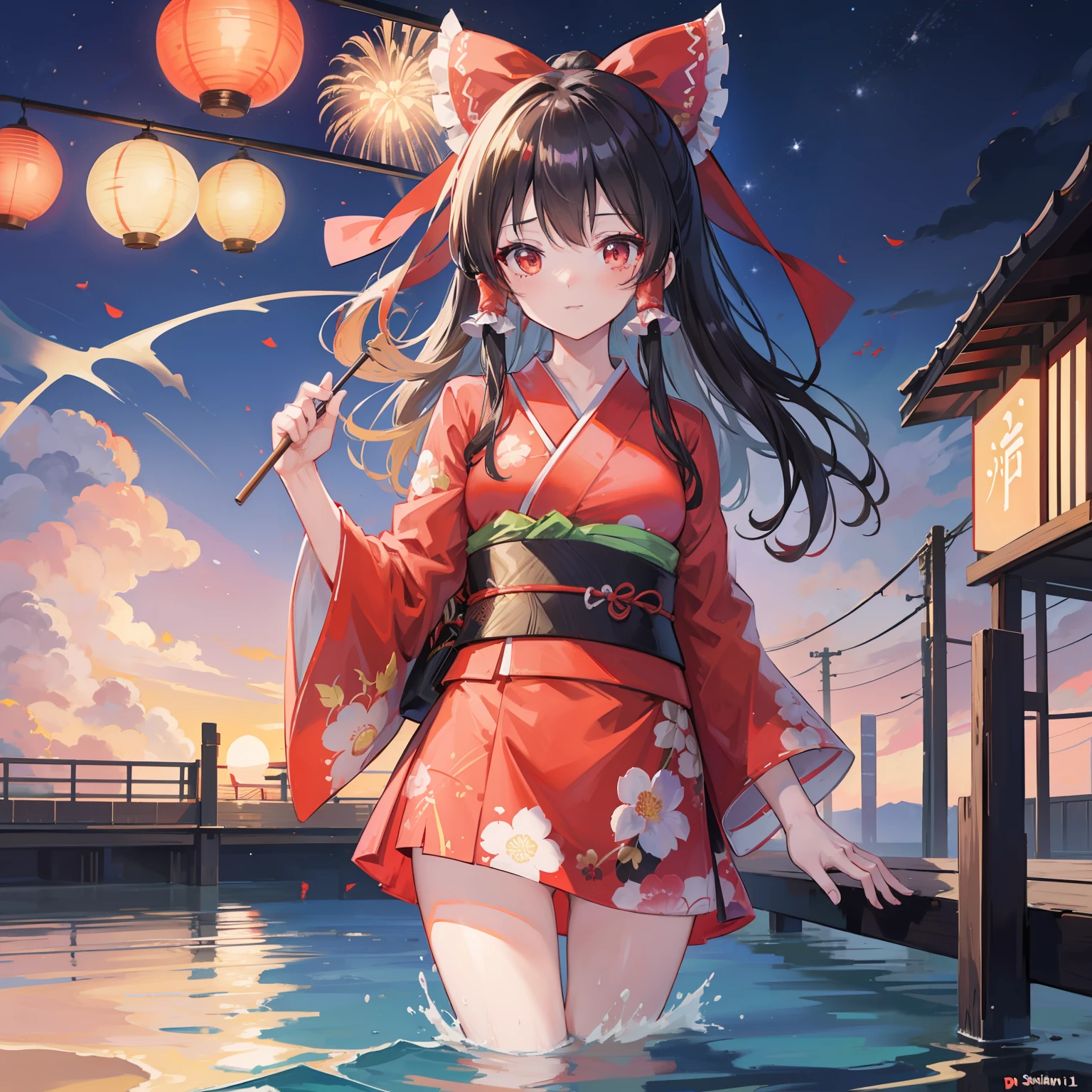 Reimu Shiramine in Kimono, masutepiece, Fine detail, 4K, 8K, 12K, Solo, Alone, Beautiful Girl, caucasian female, Black yukata、 Yukata, Kimono, Summer festival, Night, Fireworks、Being in the water、A lot of goldfish