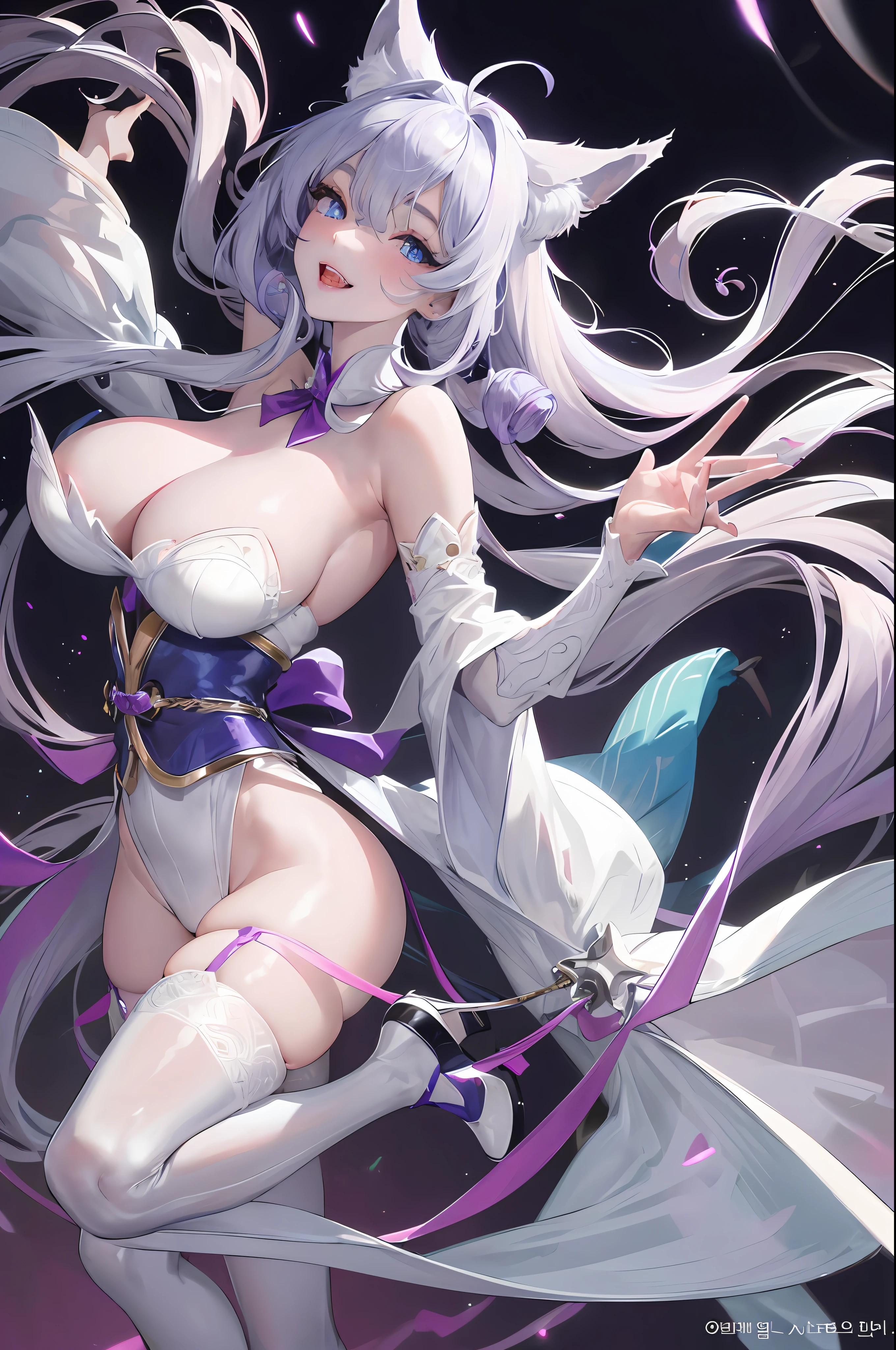 official art, masterpiece, sharp focus, (beautiful gorgeous cute Korean woman:1.3), (beautiful cute korean:1.3), korean beauty, realistic, ultra detailed, beautiful girl, slender, Lovely enormous breasts and very large hips, smile with teeth, ((smile with eyes, open both eyes)), long hair, fox ears, fox tail, sexy facial expression, medium straight hair, drill hair, platinum hair, glow blue eye, glow purple eye, heterochromia, sexy leotard, garter straps, white thighhighs, full body, pale skin, gentle pose