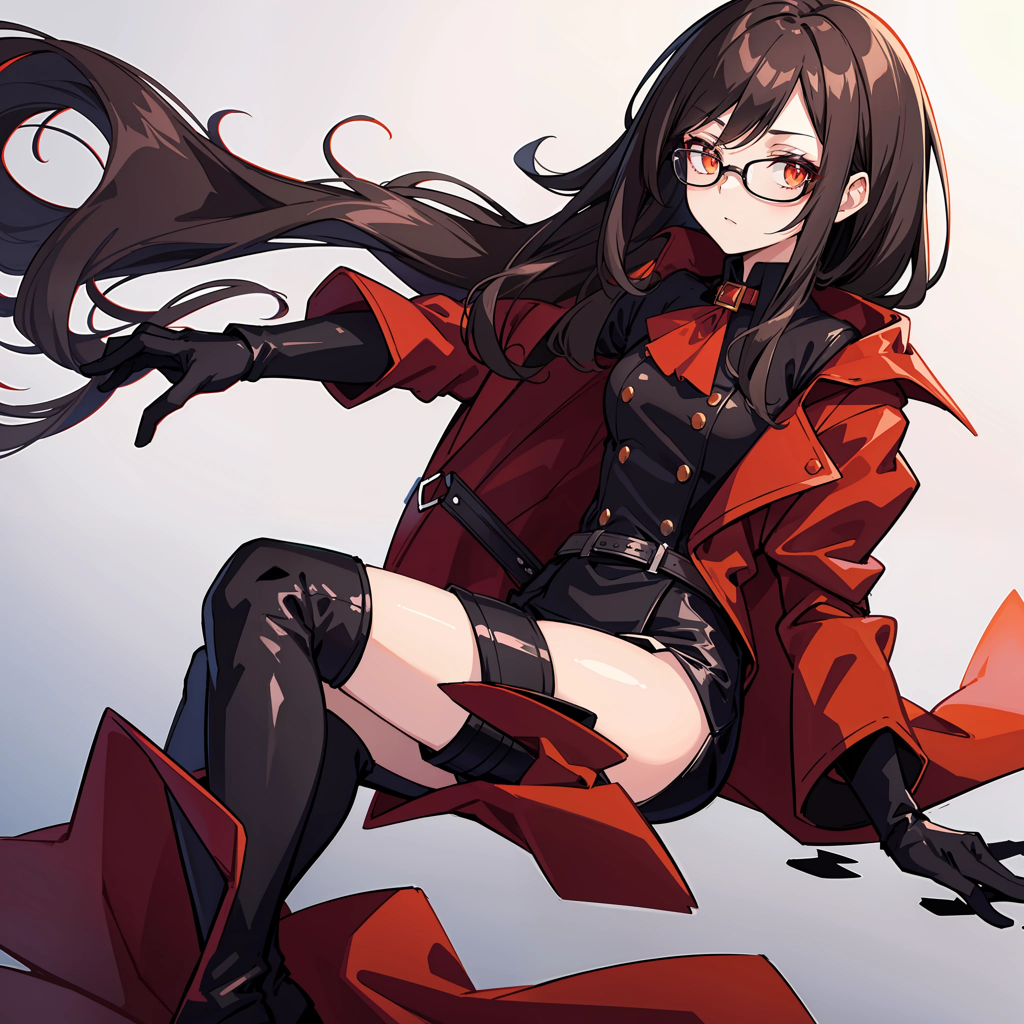 "Crimson coat, white and black shirt, black gloves, black shorts, gray thigh highs, and black boots. Dark brown hair, red glasses, orange eyes. Masterpiece, best quality, high resolution."