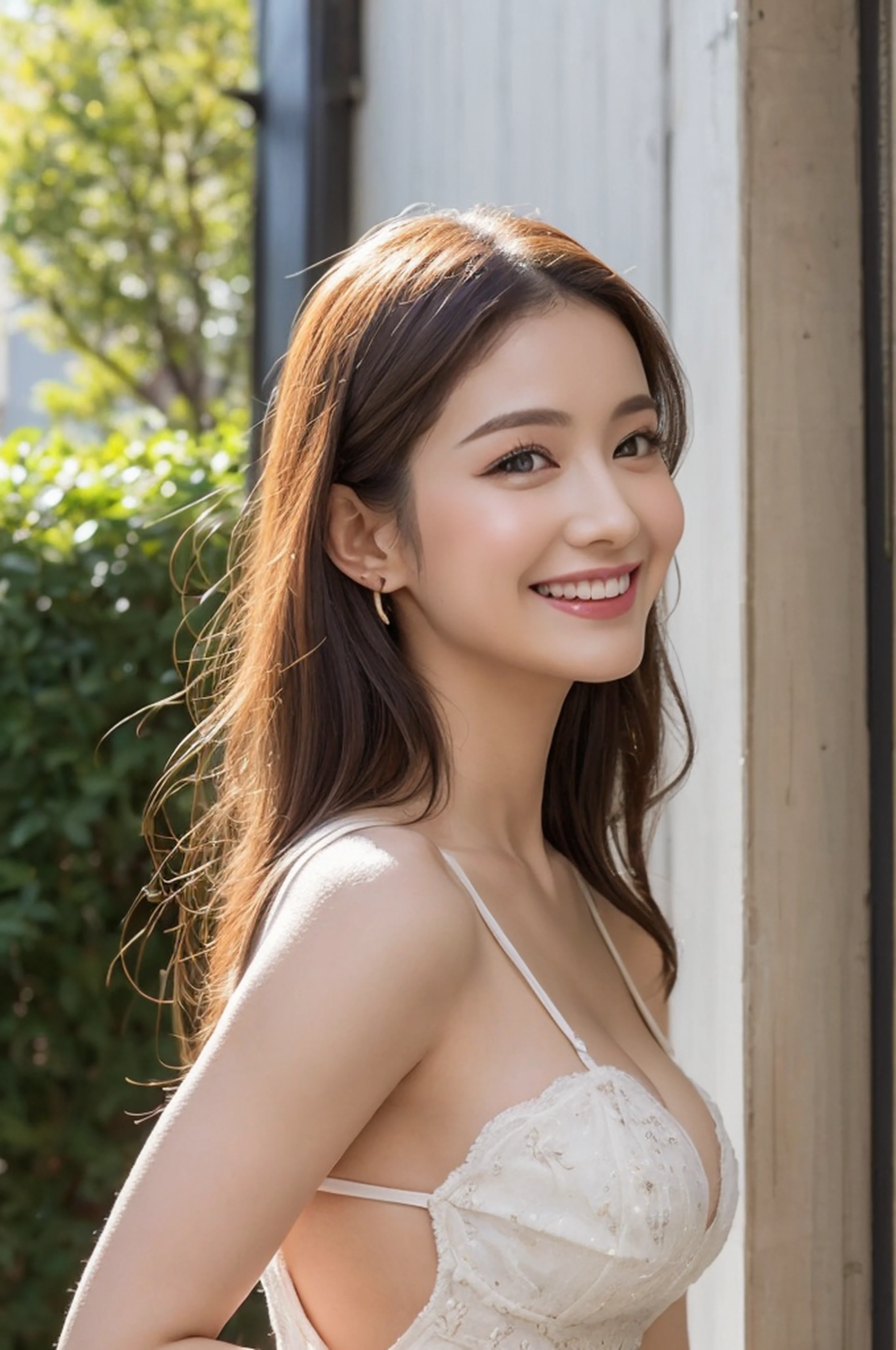 (top-quality、8K、32K、​masterpiece、nffsw:1.2)、1 girl in、beautfull Japanease woman、Fancy makeup、thin-waist、Beautiful Women in Perfect Style：1.4、Colossal tits:1.3、finerly detailed face、A smile、tube dress、breastsout、 (raise both arm)、from side