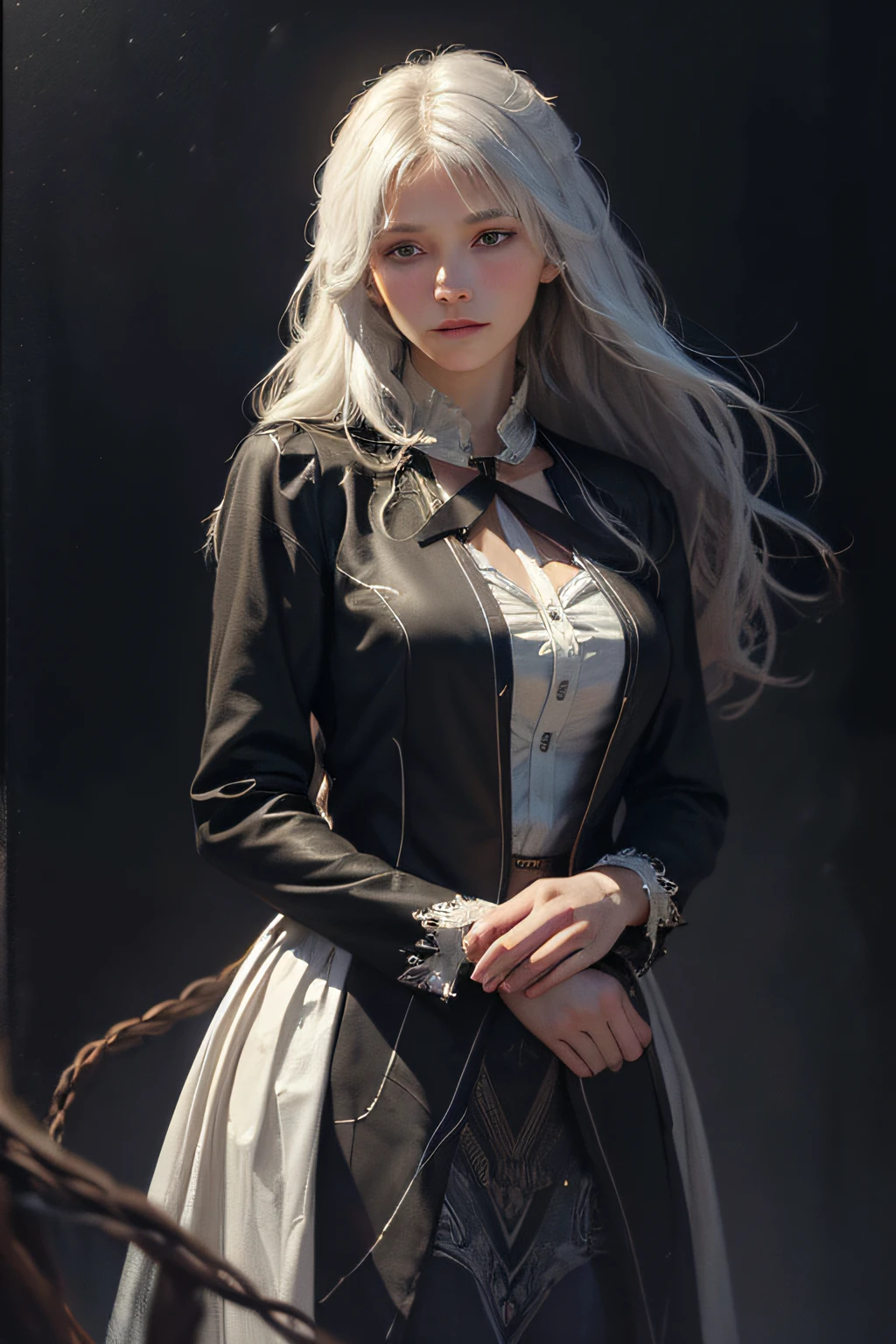 (front focus),(in the dark:1.6), Hyperrealist portrait of female by david hockney and alphonse mucha,fantasy art, photo realistic, dynamic lighting, artstation, poster, volumetric lighting, very detailed faces, 4 k, award winning,, 1girl, in the dark, deep shadow, low key,cowboy shot,(official clothing:1.4) ,long hair,white hair,