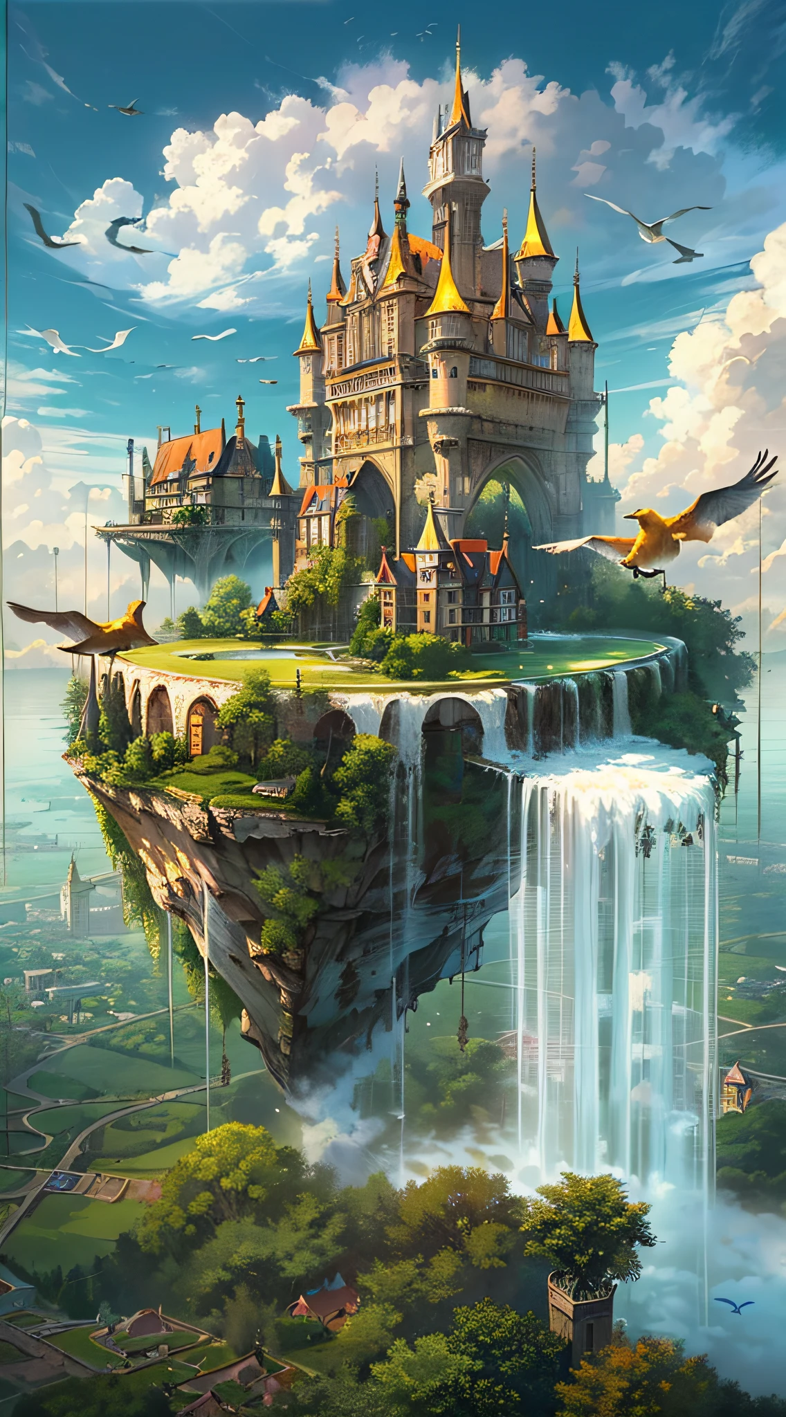 Upside Down World:2, (an artist's design of a floating Castle on the floating the land and Forest and Fountain in the air, above the A few clouds and thunderstorms)1.4, bird's-eye view, scenery, no humans, a fantastic magical world,  (Best quality), (masterpiece:1.3), (photorealistic:1.36), (realistic), ultra-detailed,, detail background,
