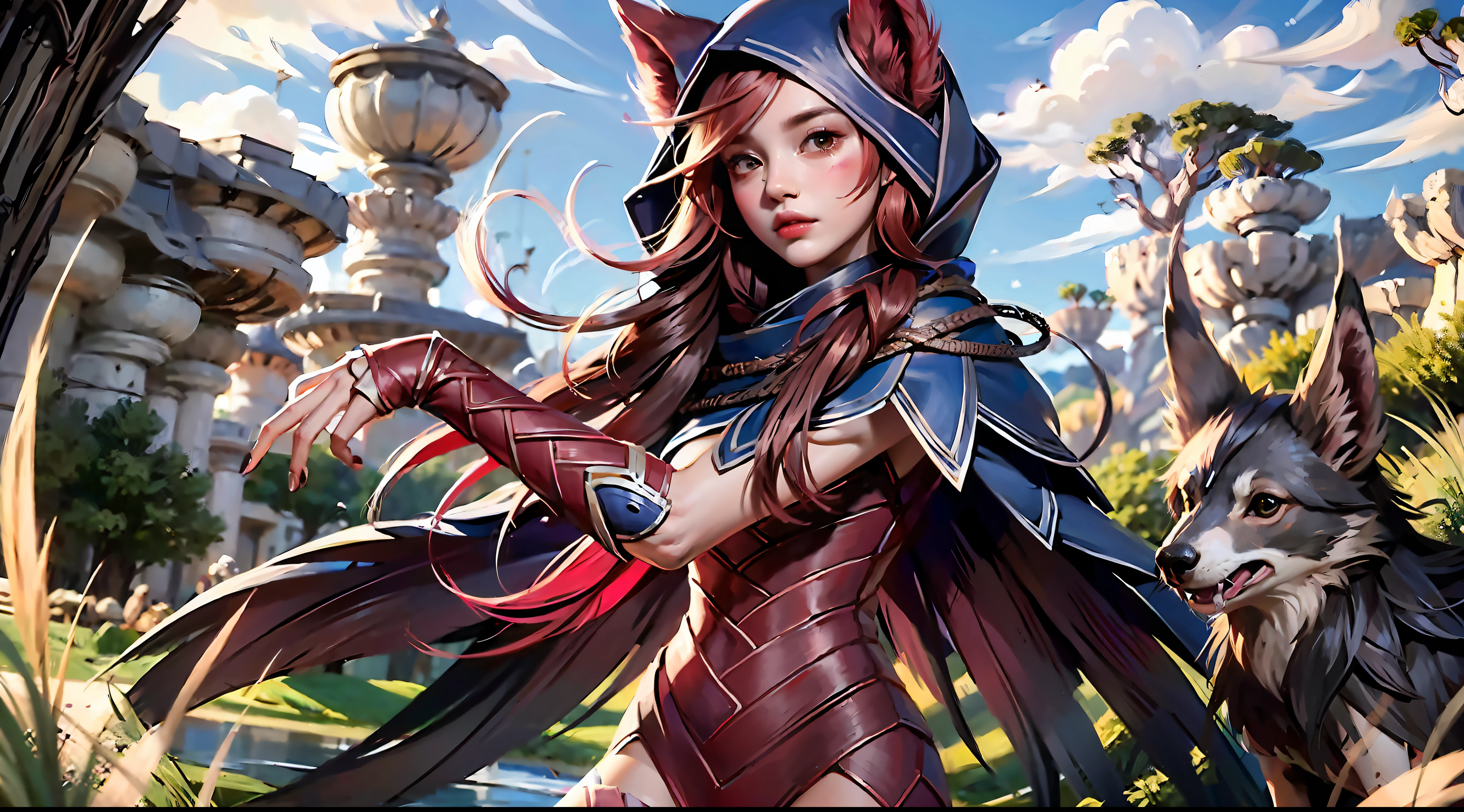 grass, sky, field, league of legends, 1girl, animal ears, bandage legs, long legs, bandage, bandage, bird's legs, bird skull, cape, shut up, ears through headdress, eyes visible through hair, facial markings, feathers, hood, hooded cape, long hair, yellow eyes, red hair, armour, blue shawl, shawl, shawl, shawl, shawl long hair, hooded shawl, red dress, dress, nose ring, nostrils