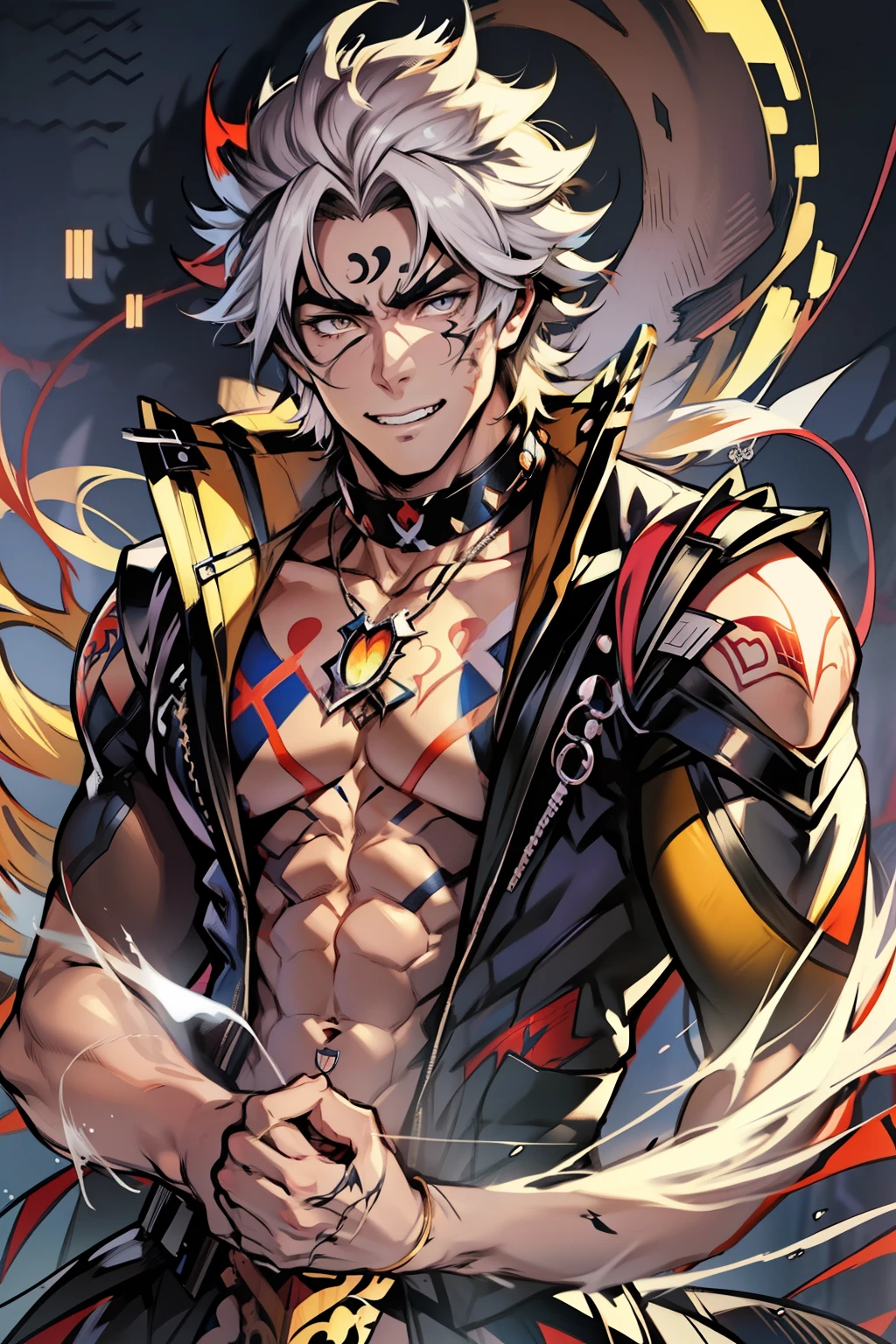 《the original god》Arataki Kazuto , male people,,((Masterpiece)), ((Best quality)), Ultra detailed,((illustration)), Dynamic Angle, Detailed light, (Delicate eyes), Floating, 1boy, Male focus, Head, Clothing, Yellow eyes, necklace, tattoo, (Forehead:0.8), (ahoge:0.8), jewelry, brunette color hair,apathy,Ray, chest muscle, Sexy , Venom symbiote for your body, Black mucus of the body , (into venom), Venom,frontage,Bust photo,White tight-fitting top,spiderman outfit,style of anime4 K, 4K anime wallpaper, Badass anime 8 K, 4 k comic wallpaper, young anime man, Anime boys, Anime wallpapers 4 k, Anime wallpaper 4K, High quality anime art style, Anime moe art style, Anime art wallpaper 8 K, Anime art wallpaper 4 K, RGB lighting