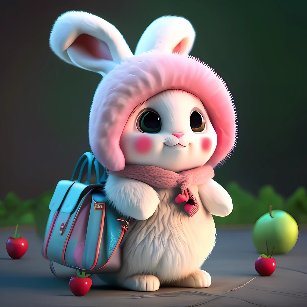 : 3. bunny, realistic, furry animal, apple, black eye, blush, cherry, food, fruit, full body, hat, non-human, strawberry, tomato, watermelon