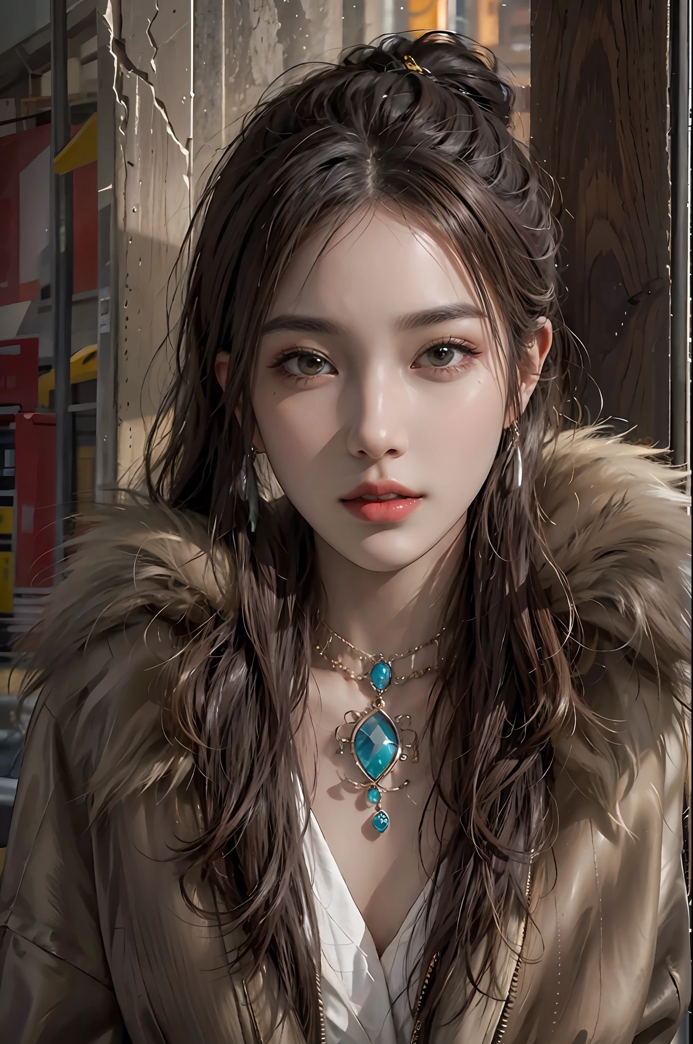 photorealistic, high resolution, 1women, solo, hips up, look at viewer, (detailed face), business suit, fur coat, tattoo, jewelry