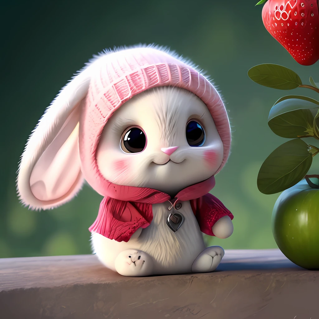 : 3. bunny, realistic, furry animal, apple, black eye, blush, cherry, food, fruit, full body, hat, non-human, strawberry, tomato, watermelon