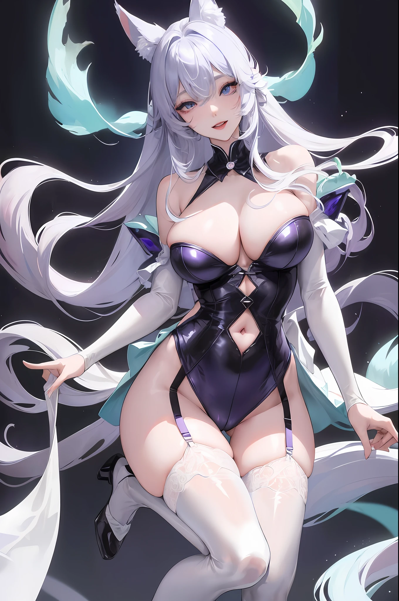 official art, masterpiece, sharp focus, (beautiful gorgeous cute Korean woman:1.3), (beautiful cute korean:1.3), korean beauty, realistic, ultra detailed, beautiful girl, slender, Lovely enormous breasts and very large hips, smile with teeth, ((smile with eyes, open both eyes)), long hair, fox ears, fox tail, sexy facial expression, medium straight hair, drill hair, platinum hair, glow blue eye, glow purple eye, heterochromia, sexy leotard, garter straps, white thighhighs, full body, pale skin, gentle pose