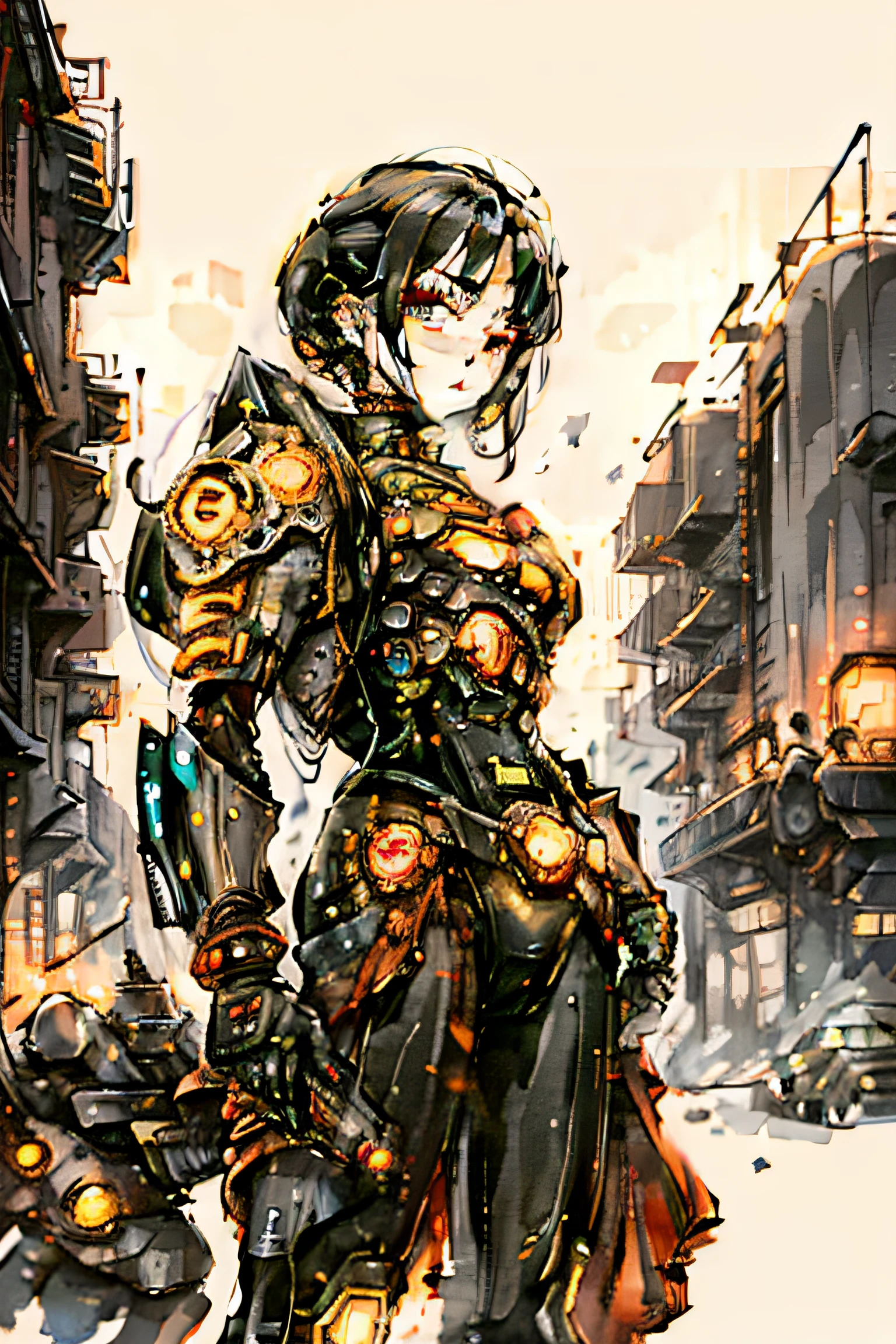 On the moon, barren planet, ruins, holding weapons, no humans, glowing, robot, building, glowing eyes, orange mech, science fiction, city, reality, mecha, galaxy background, full body, neon, cyber Punk, 8K wallpapers, ultra-detailed artwork, cinematic lighting, realistic photos, Dark_Fantasy, Cyberpunk, (chain saw, chain saw man, Red: 1.1), 1man, Mechanical marvel, Robotic presence, Cybernetic guardian, wearing a worn-out machine armor suit, intricate, (steel metal [rust]), elegant, sharp focus, photographed by greg rutkowski, soft lighting, vibrant colors, masterpiece, ((street)), cowboy shot, dynamic pose,