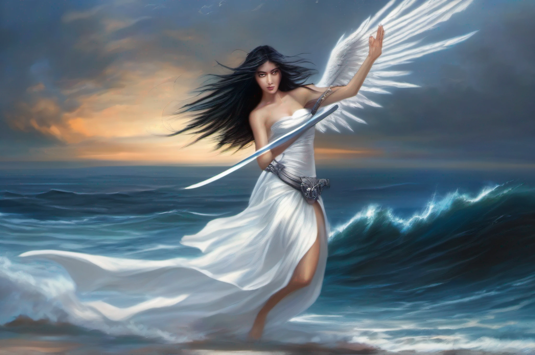 arch angel woman floating down in front of a vast ocean. she has just been in battle, holding a ninja like sword. she is only wearing white dress that has been torn from battle. blue eyes and black hair, skinny and beautiful. she has a halo that is glowing blue.
