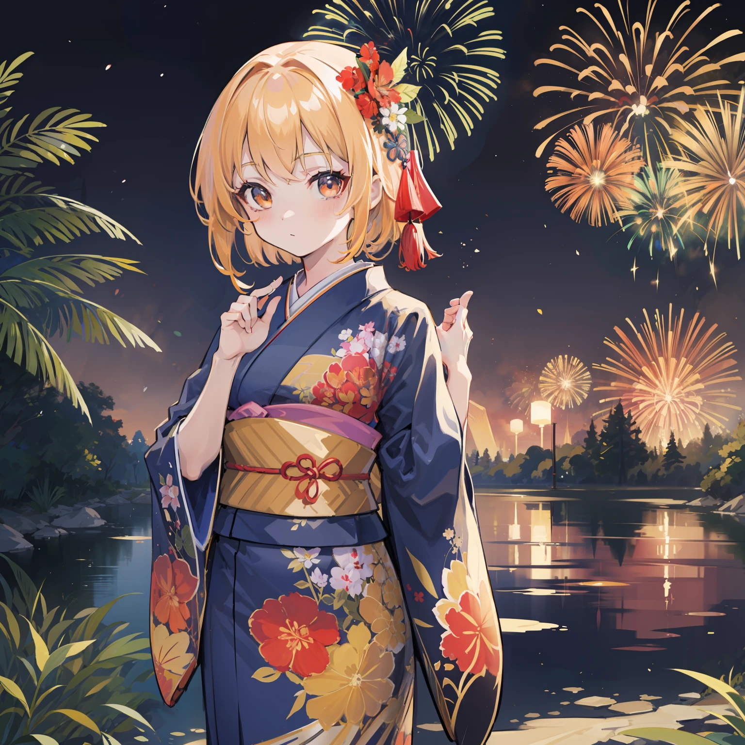 Lumia in Kimono, masutepiece, Fine detail, 4K, 8K, 12K, Solo, Alone, Beautiful Girl, caucasian female, Black yukata、 Yukata, Kimono, Summer festival, Night, Fireworks、Being in the water、A lot of goldfish