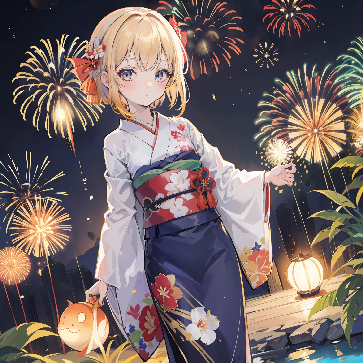 Lumia in Kimono, masutepiece, Fine detail, 4K, 8K, 12K, Solo, Alone, Beautiful Girl, caucasian female, Black yukata、 Yukata, Kimono, Summer festival, Night, Fireworks、Being in the water、A lot of goldfish